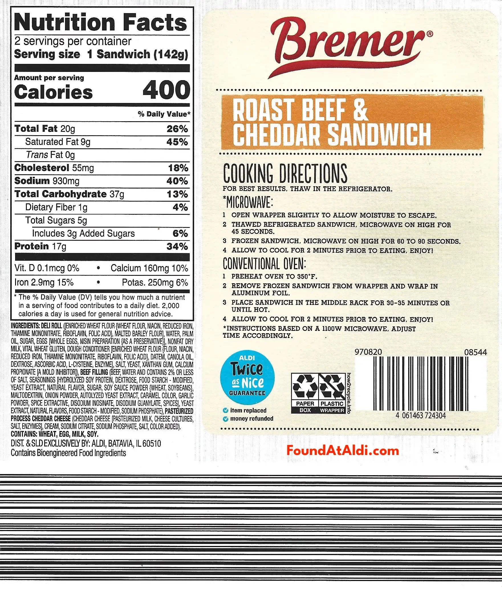 Bremer Roast Beef & Cheddar Sandwich Ingredients Nutrition Facts Cooking Directions