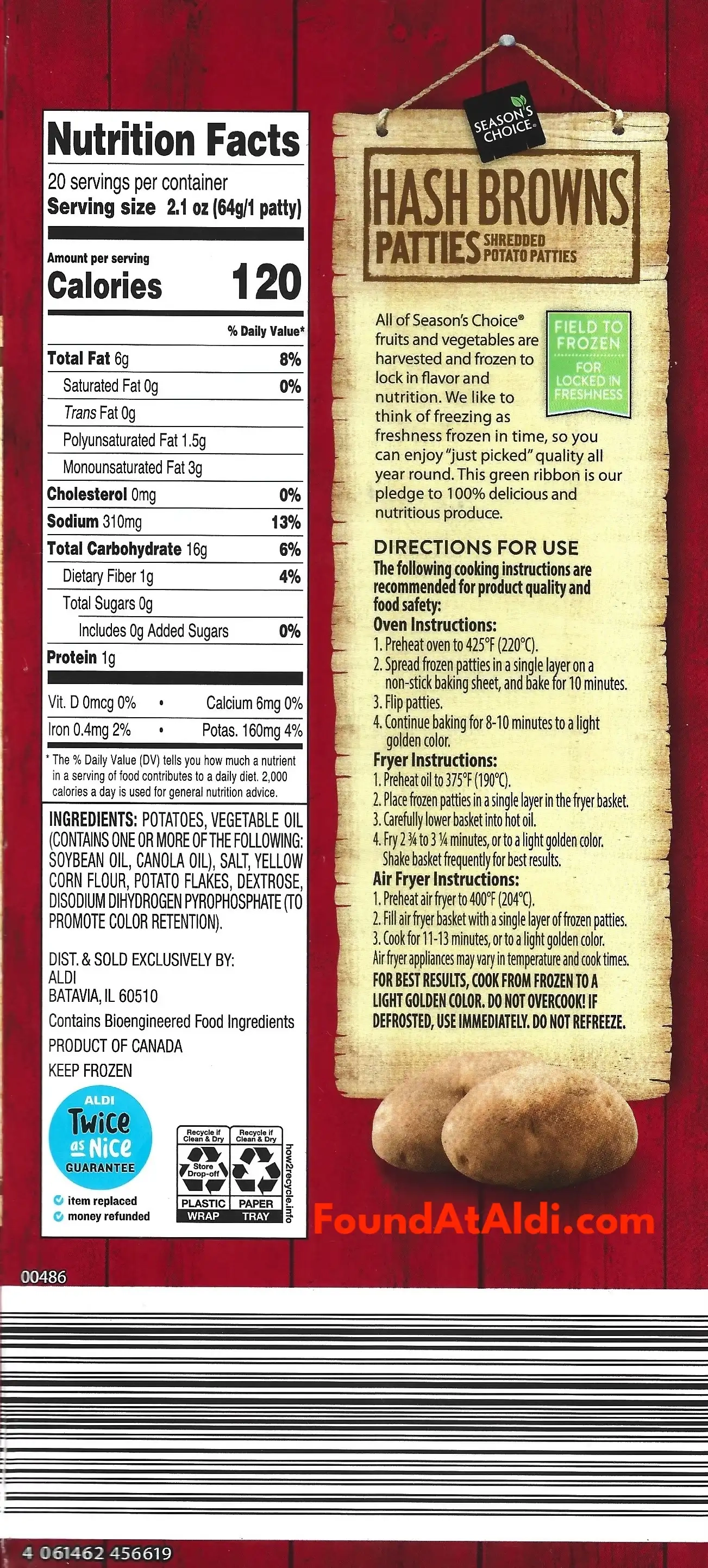 Season's Choice 20 Hash Brown Patties Ingredients Nutrition Facts Cooking Directions