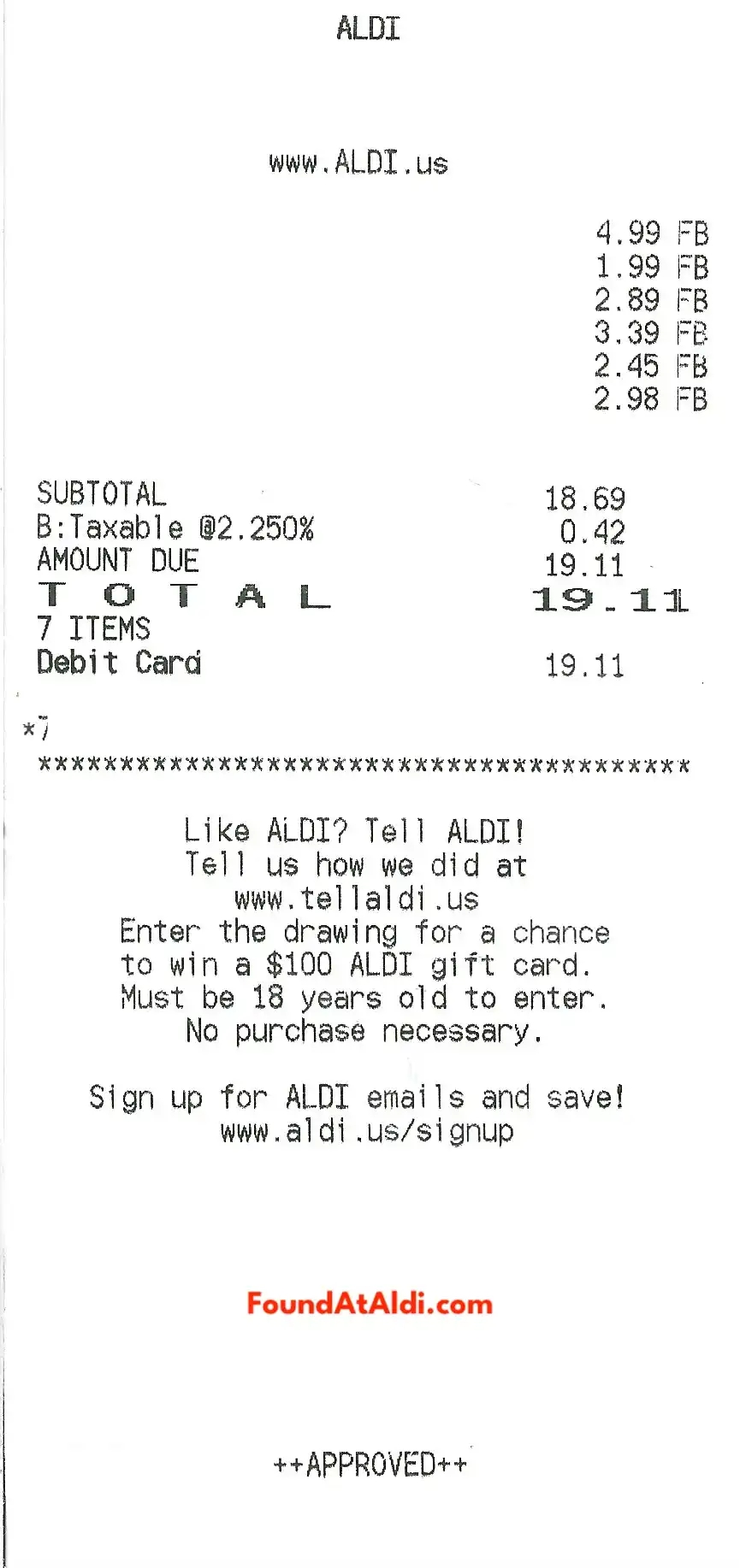 Aldi US Store Receipt (Example)