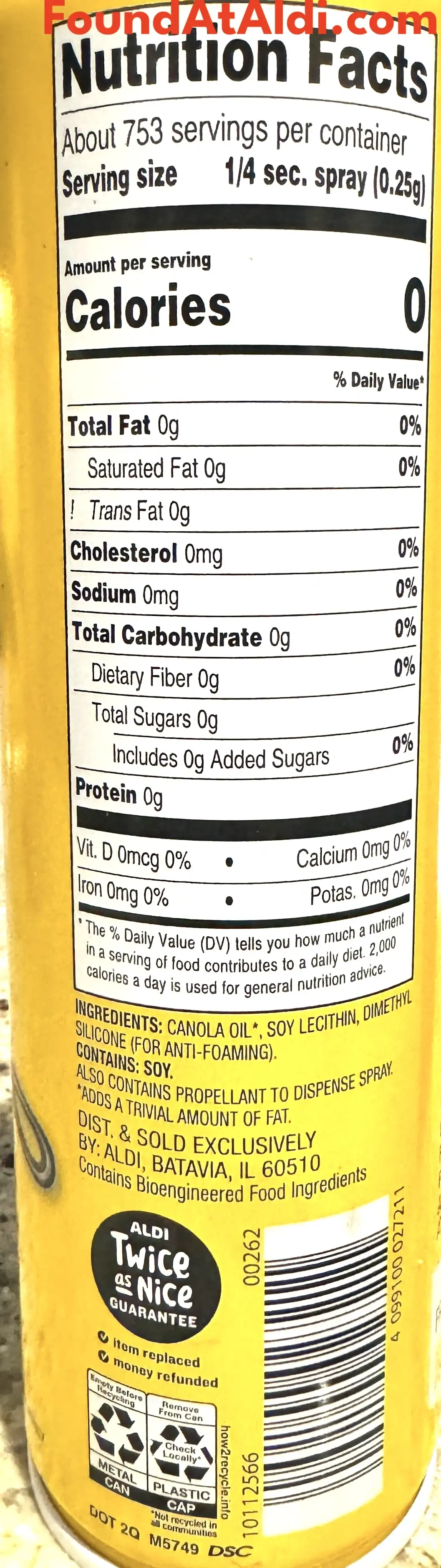 Carlini Original Canola Oil Spray Ingredients Nutrition Facts