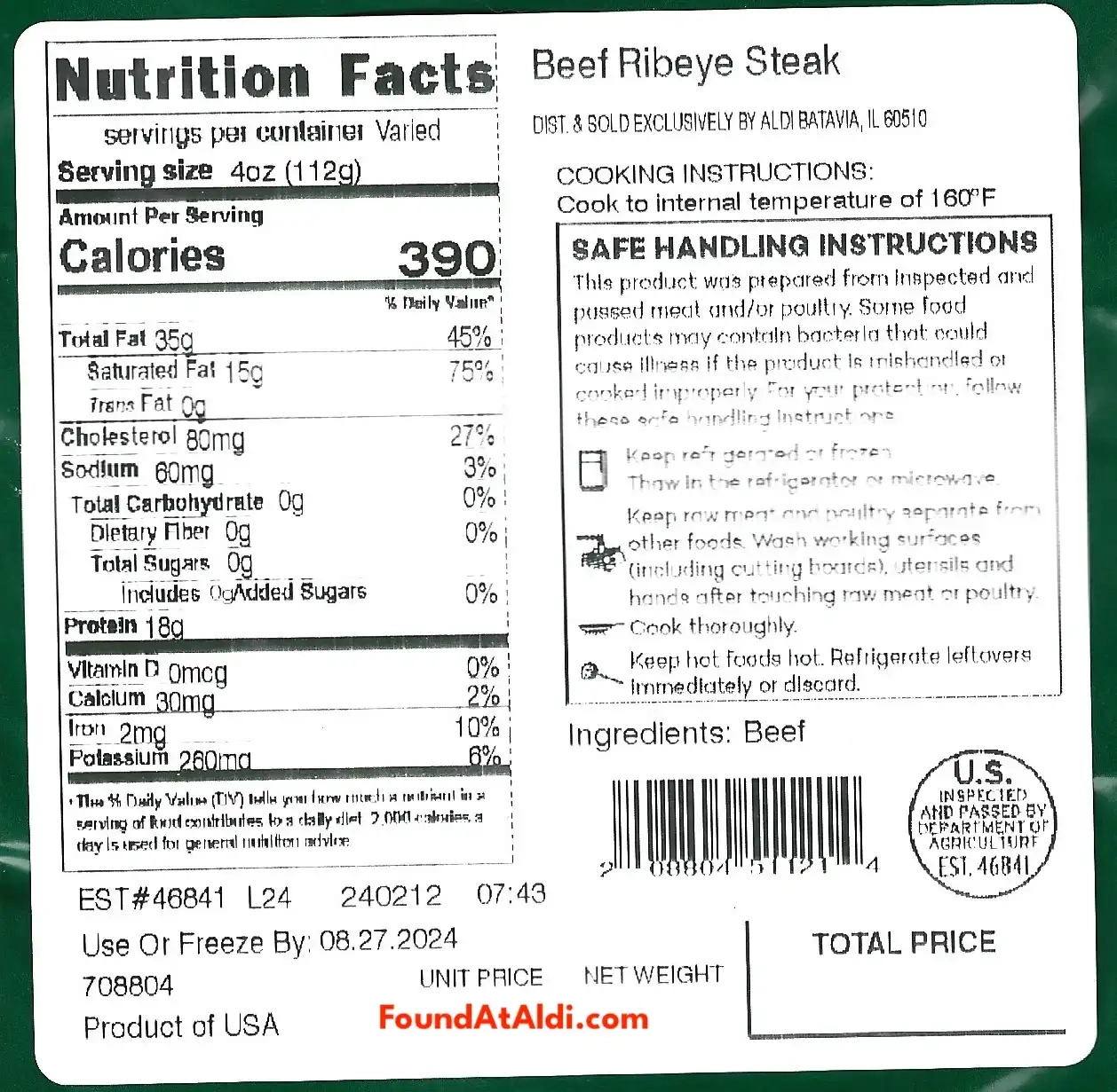 Meat From Aldi Ribeye Steak Ingredients Nutrition Facts