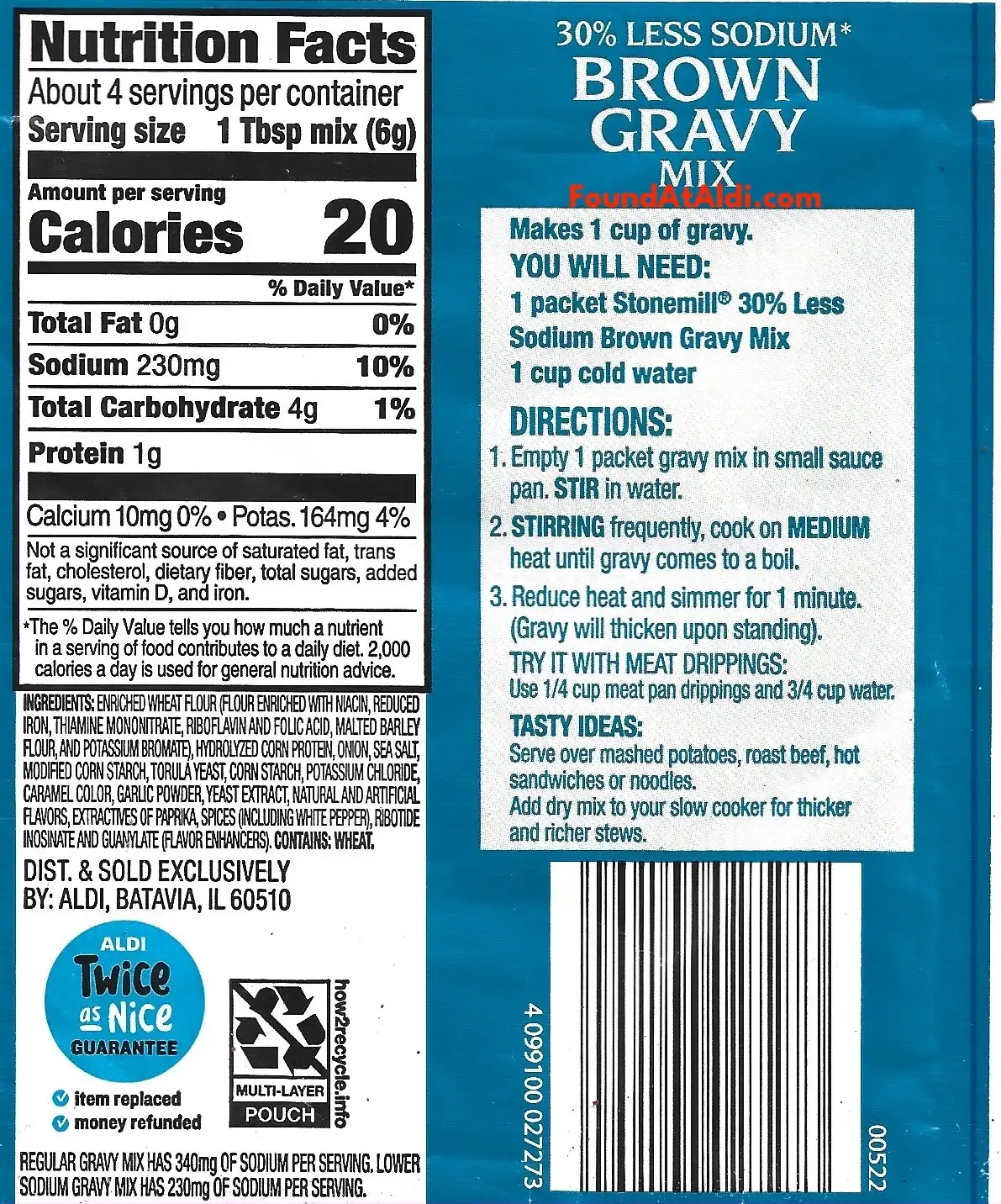 Stonemill 30% Less Sodium Brown Gravy Mix Ingredients Nutrition Facts Cooking Directions