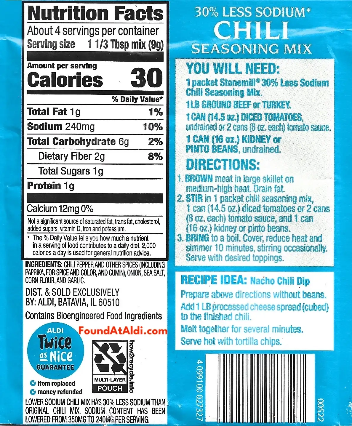 Stonemill 30% Less Sodium Chili Seasoning Mix Ingredients Nutrition Facts Cooking Directions