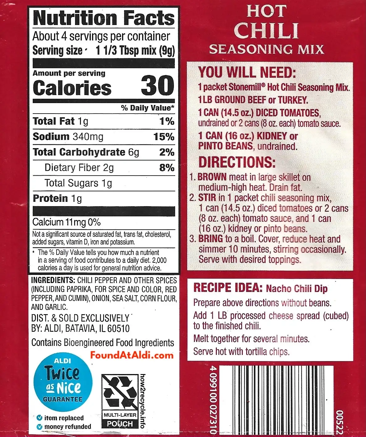 Stonemill Hot Chili Seasoning Mix Ingredients Nutrition Facts Cooking Directions