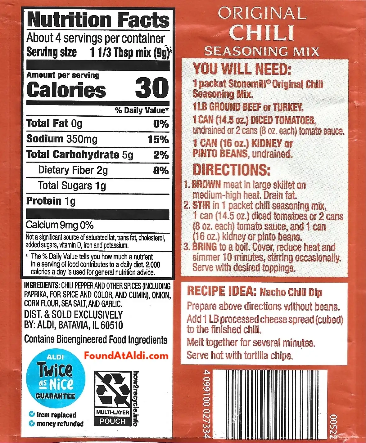 Stonemill Original Chili Seasoning Mix Ingredients Nutrition facts Cooking Directions