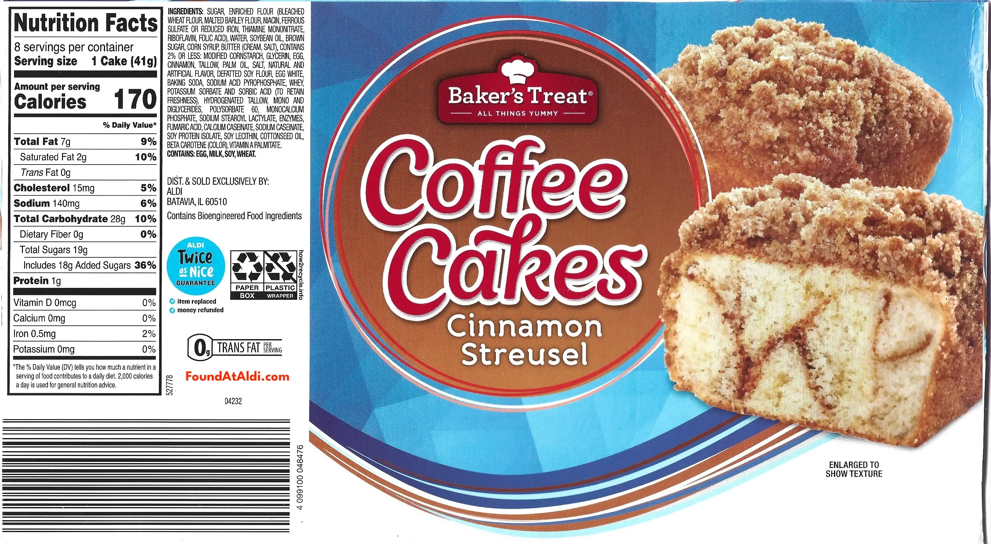 Baker's Treat Coffee Cakes Cinnamon Streusel Ingredients Nutrition Facts