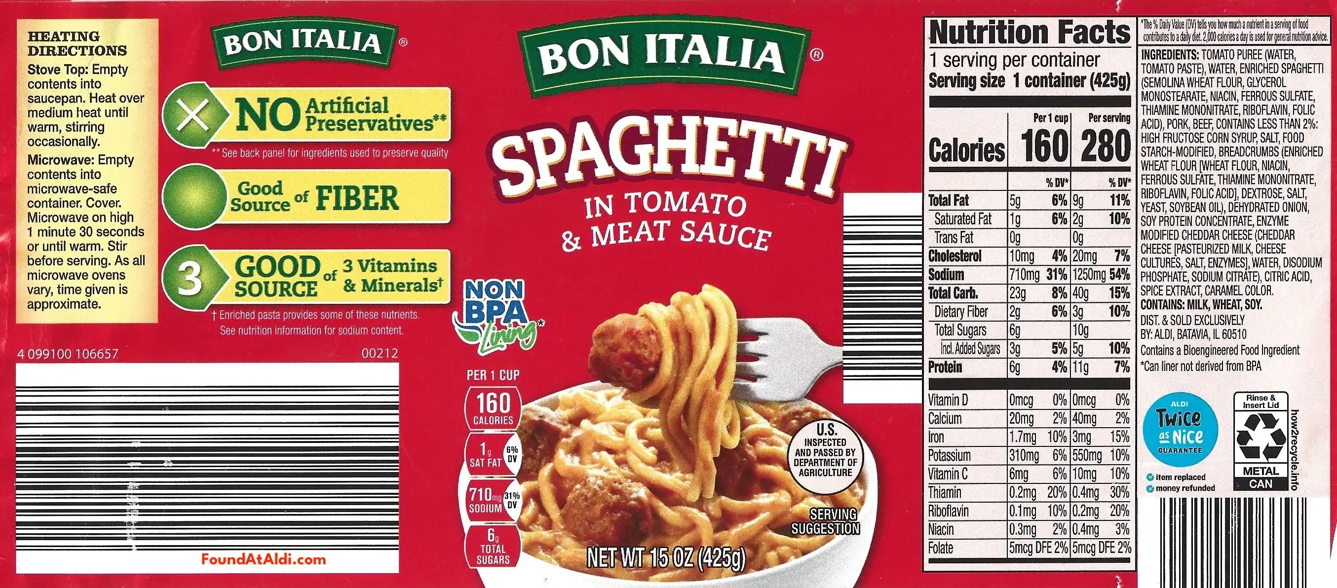 Bon Italia Spaghetti Ingredients Nutrition Facts Cooking Directions Canned