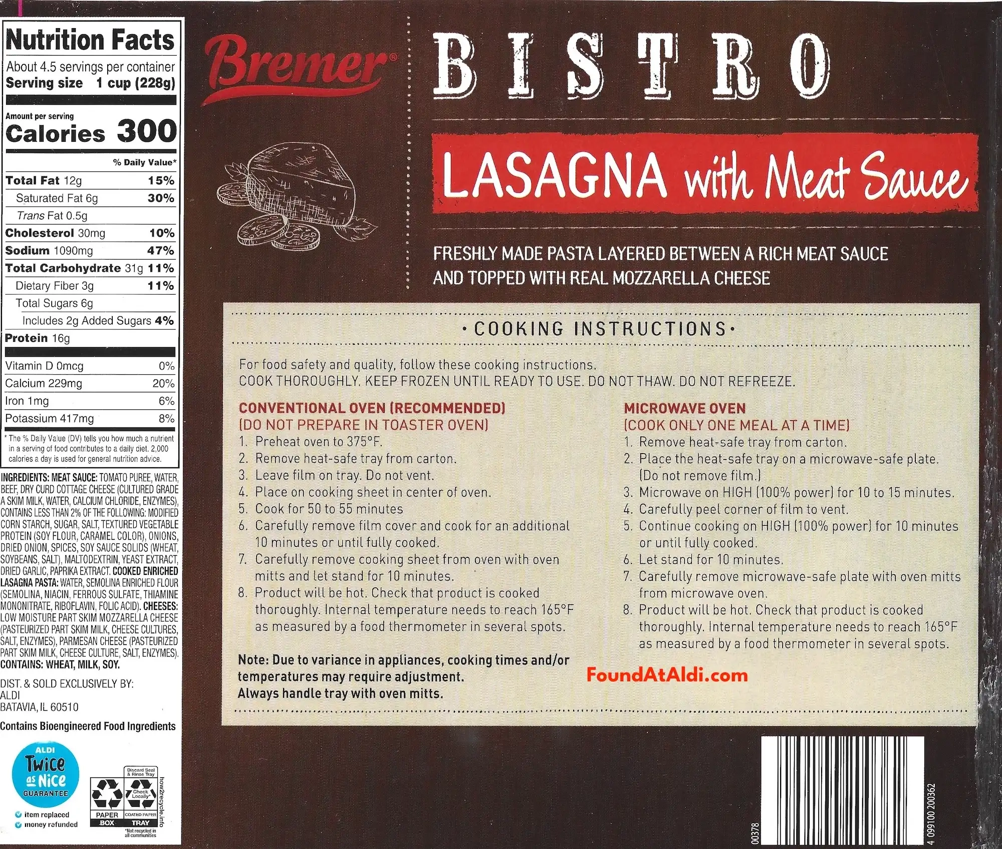 Bremer Bistro Lasagne With Meat Sauce Ingredients Nutrition Facts Cooking Directions