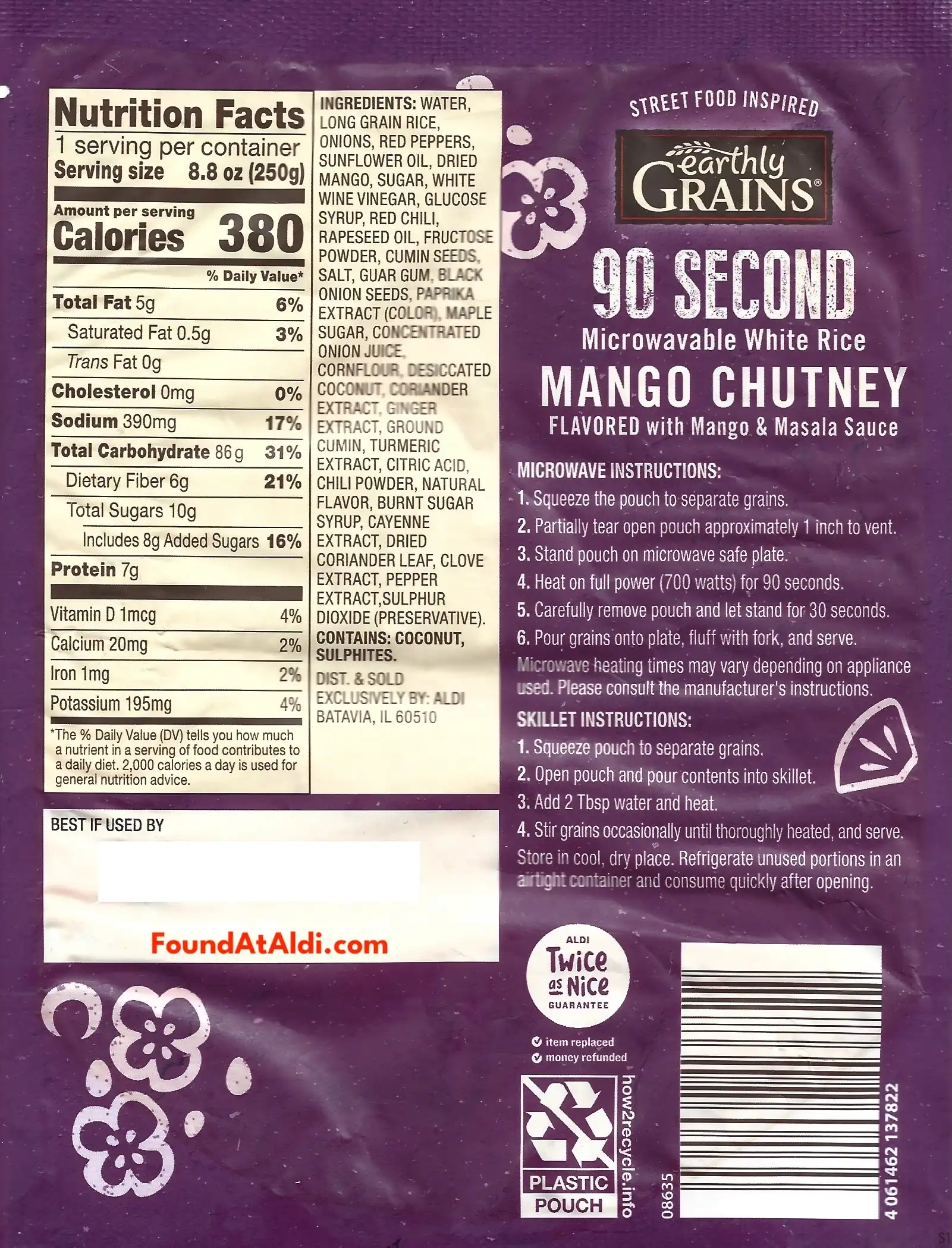 Earthly Grains Mango Chutney White Rice Ingredients Nutrition Facts Cooking Directions