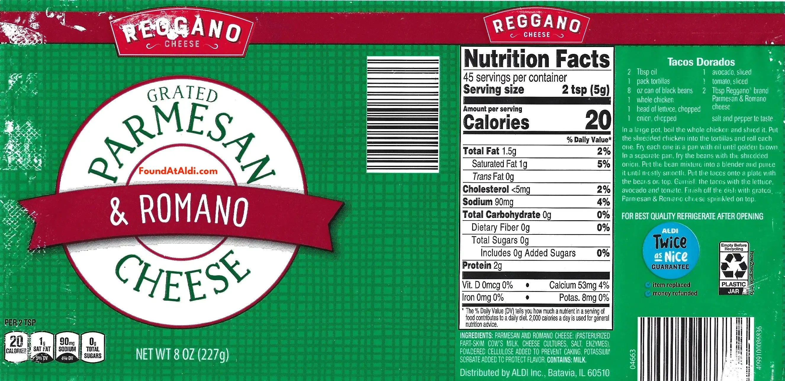 Reggano Parmesan Cheese & Romano Ingredients Nutrition Facts