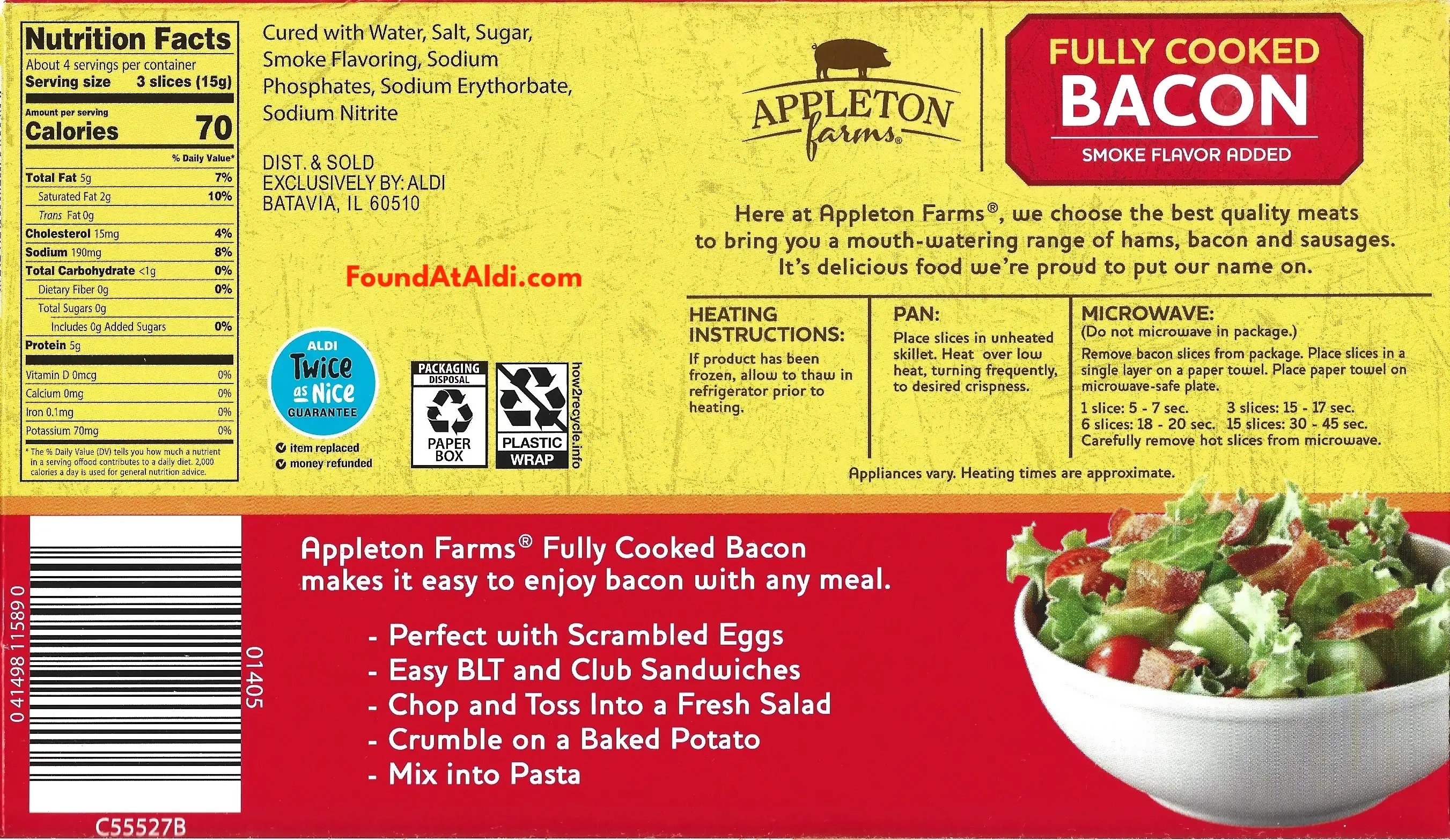 Appleton Farms Fully Cooked Bacon Ingredients Nutrition Facts Cooking Directions