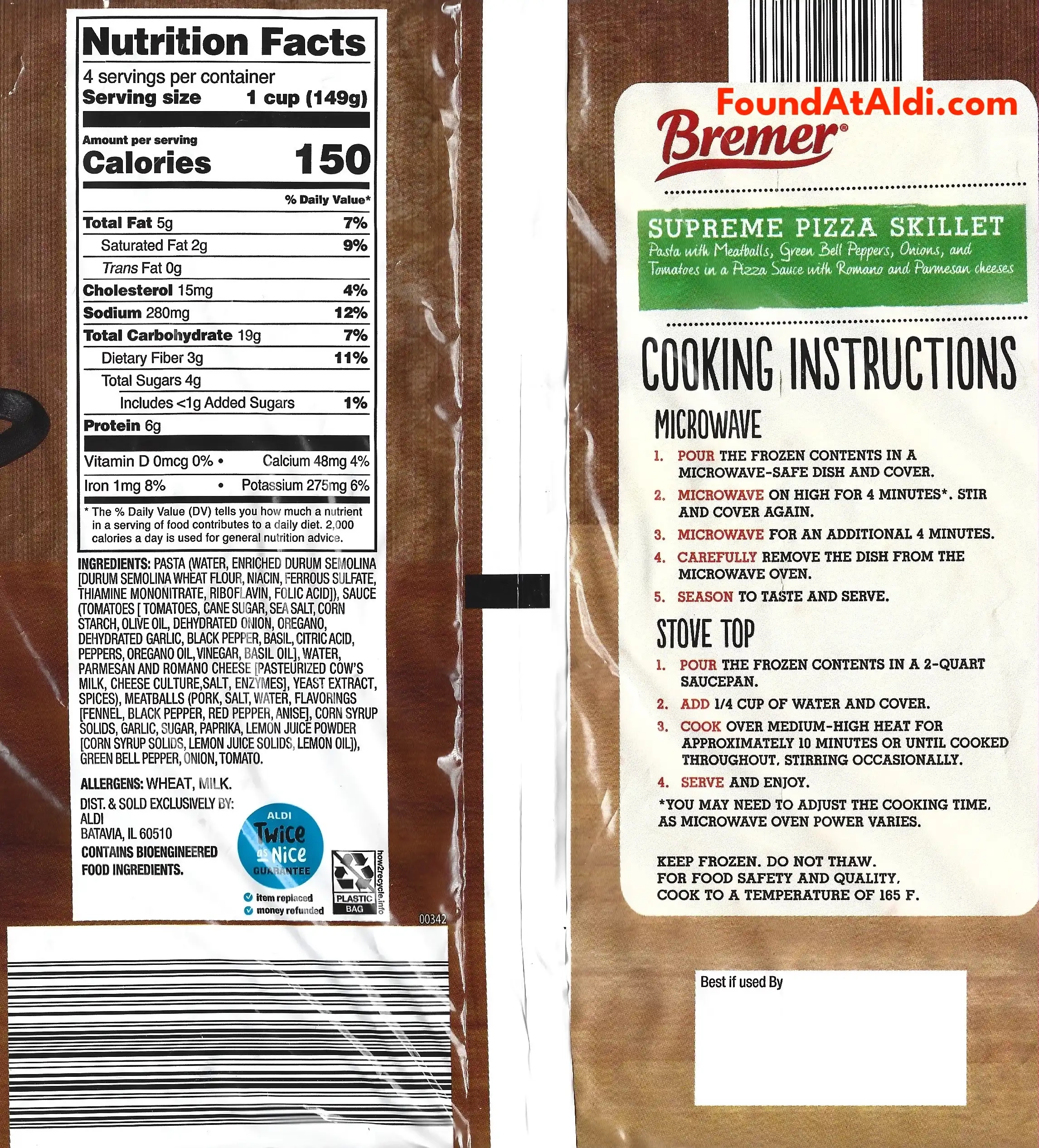 Bremer Supreme Pizza Skillet Ingredients Nutrition Facts Cooking Directions