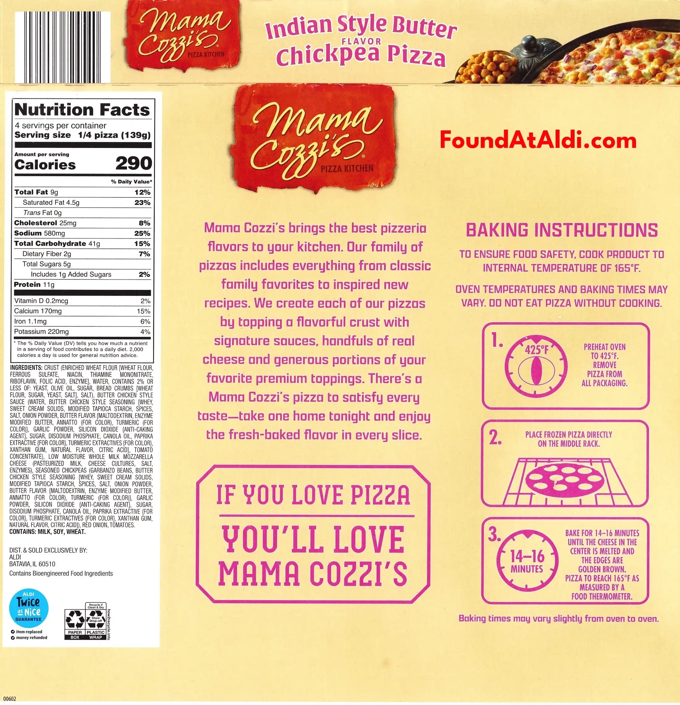 Mama Cozzi's Indian Butter Flavor Chickpea Pizza Ingredients Nutrition Facts Cooking Directions