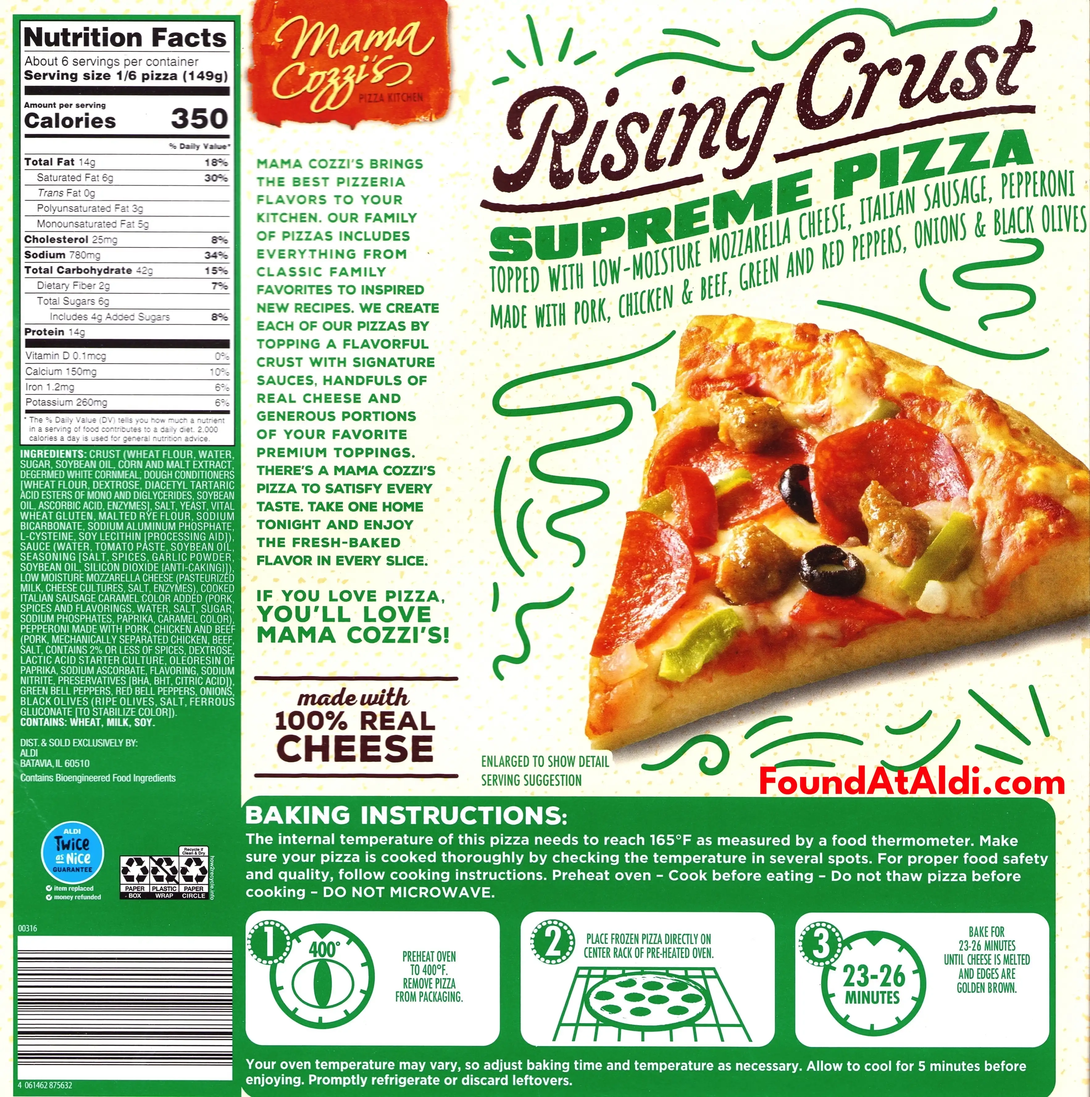 Mama Cozzi's Rising Crust Supreme Pizza Ingredients Nutrition Facts Cooking Directions