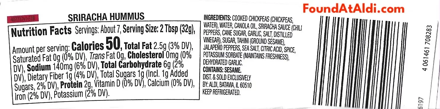 Park Street Deli Sriracha Hummus Ingredients Nutrition Facts