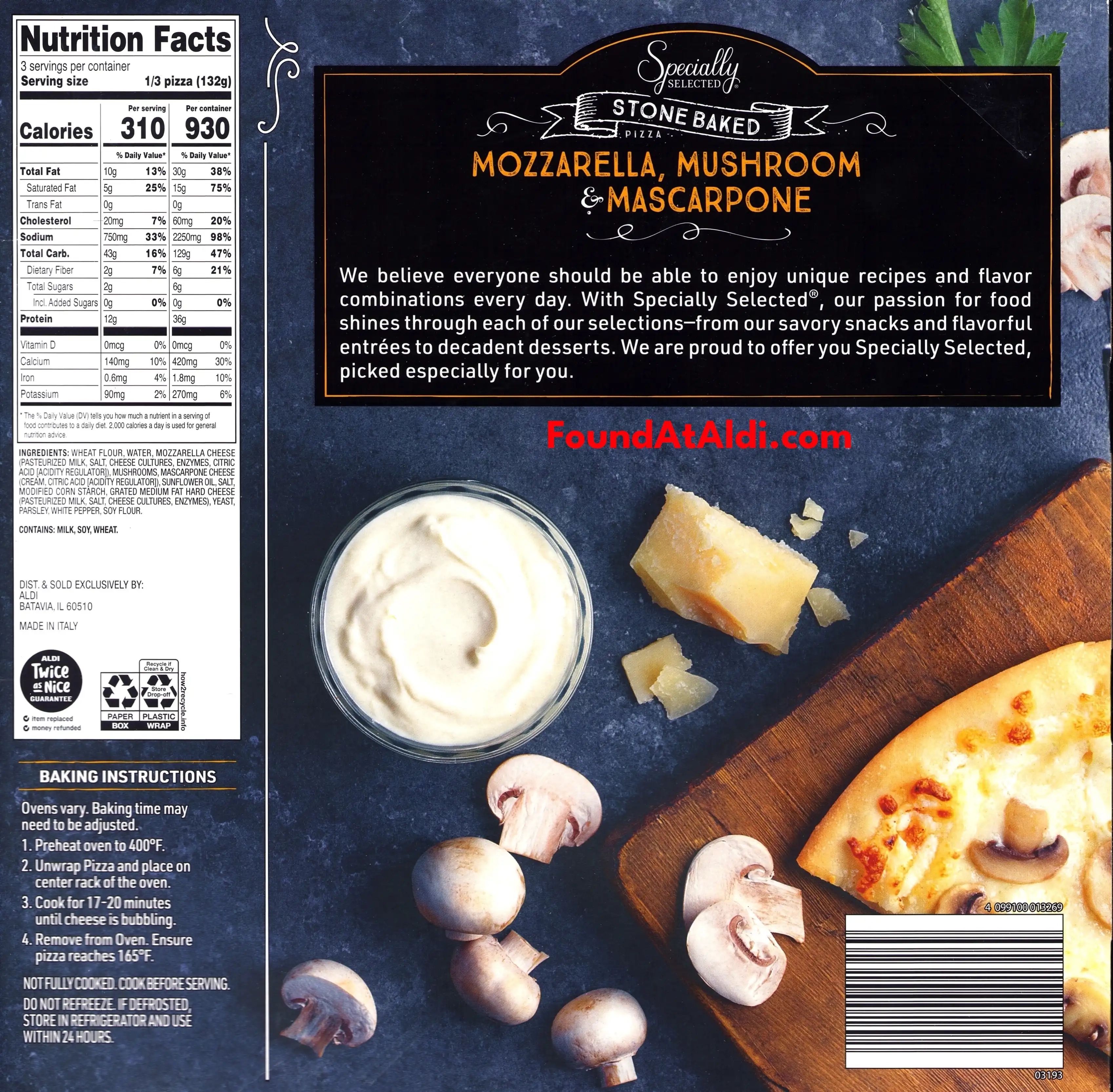 Specially Selected Stone Baked Mozzarella Mushroom & Mascarpone Pizza Ingredients Nutrition Facts Cooking Directions