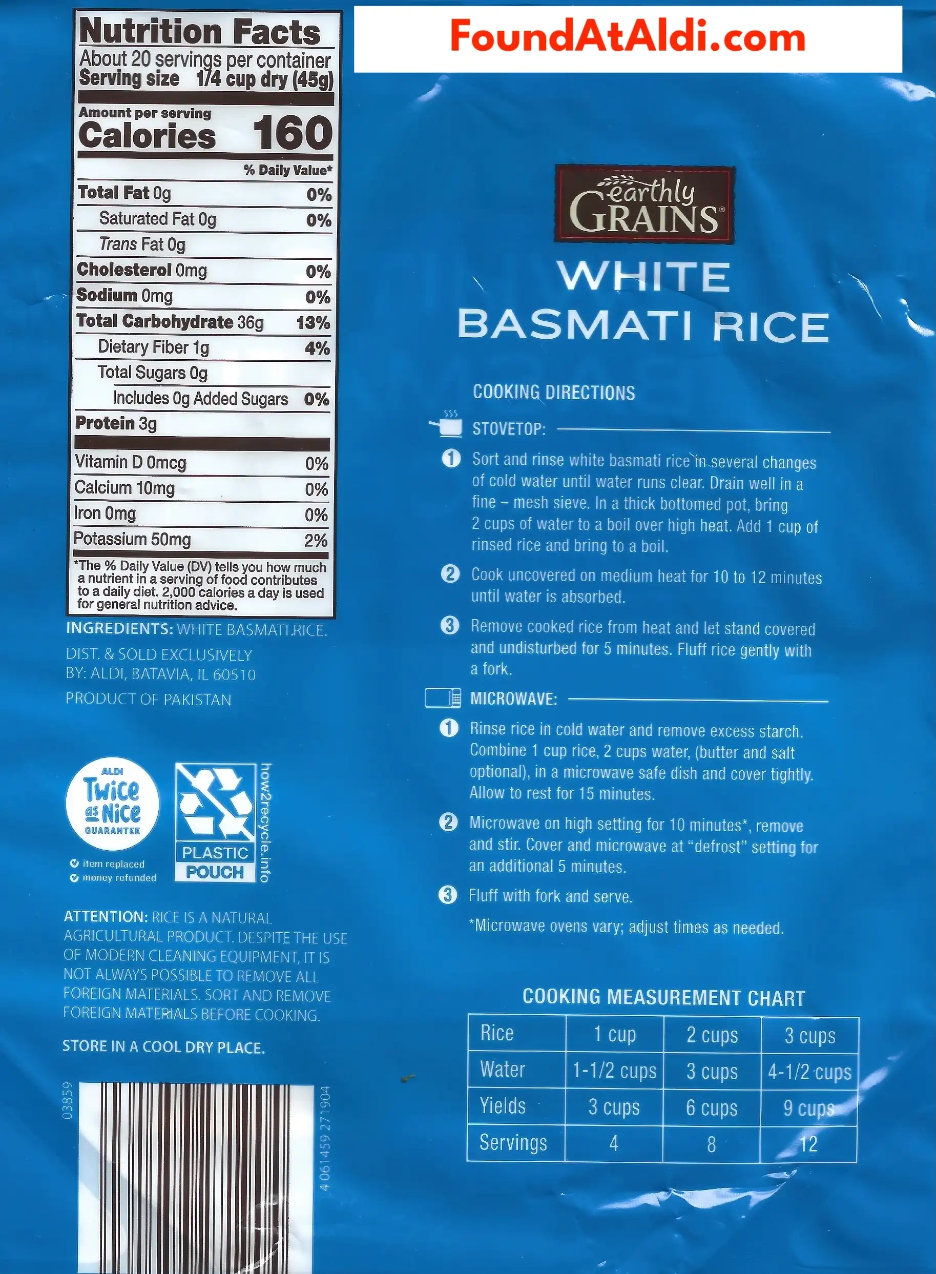 Earthly Grains White Basmati Rice Ingredients Nutrition Facts Cooking Directions