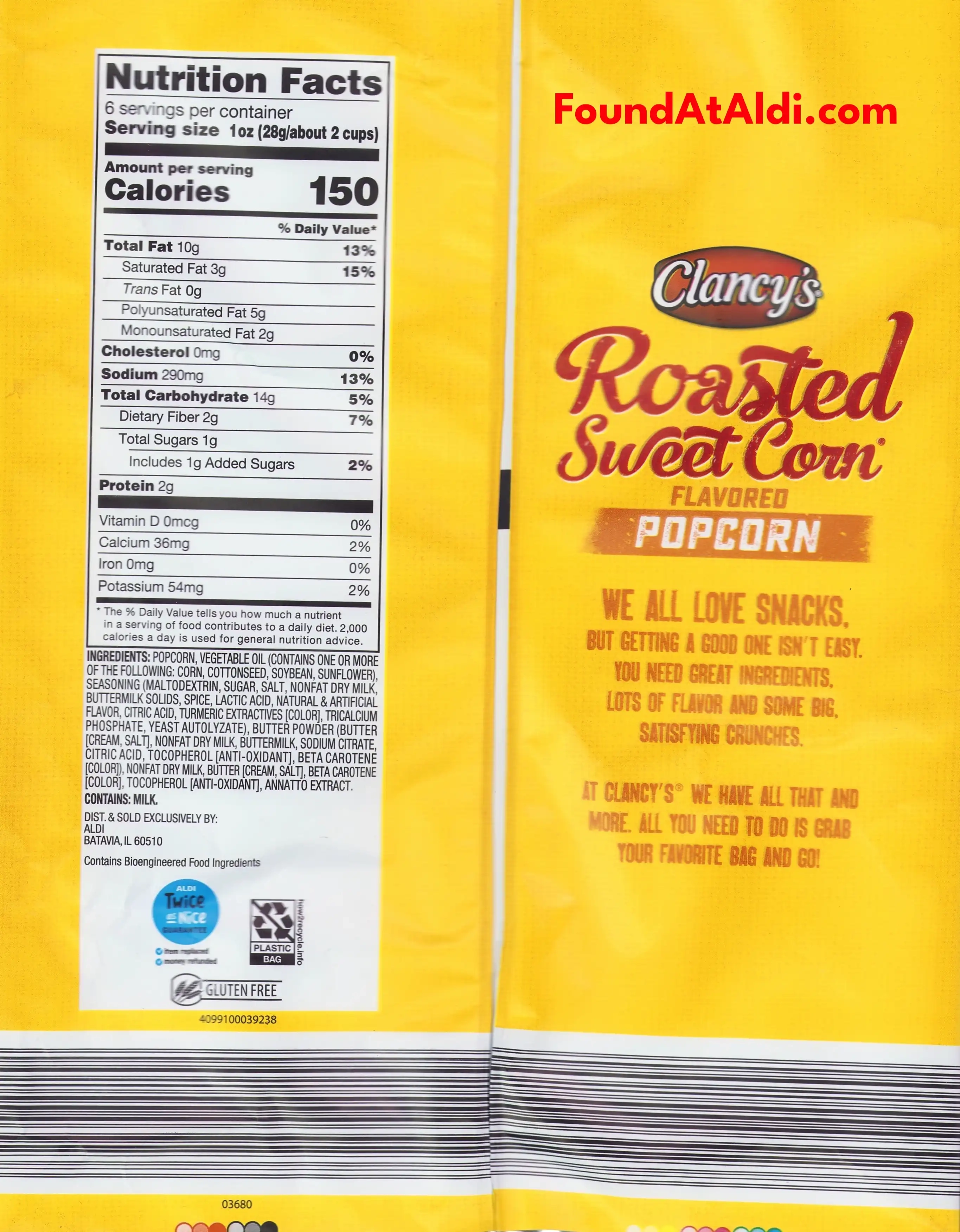 Clancy's Roasted Sweet Corn Flavored Popcorn Ingredients Nutrition Facts