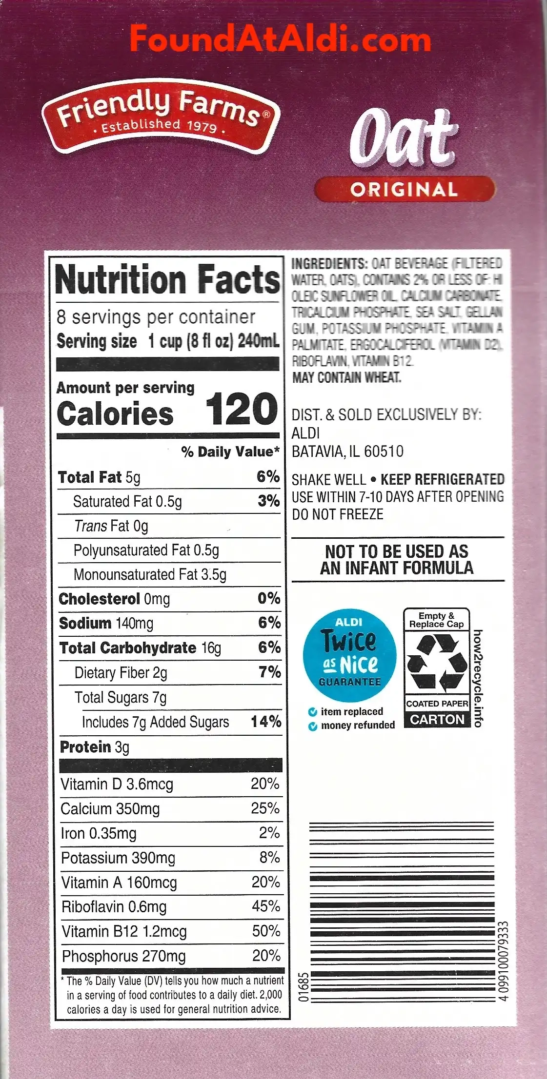 Friendly Farms Original Oat Milk Ingredients Nutrition Facts