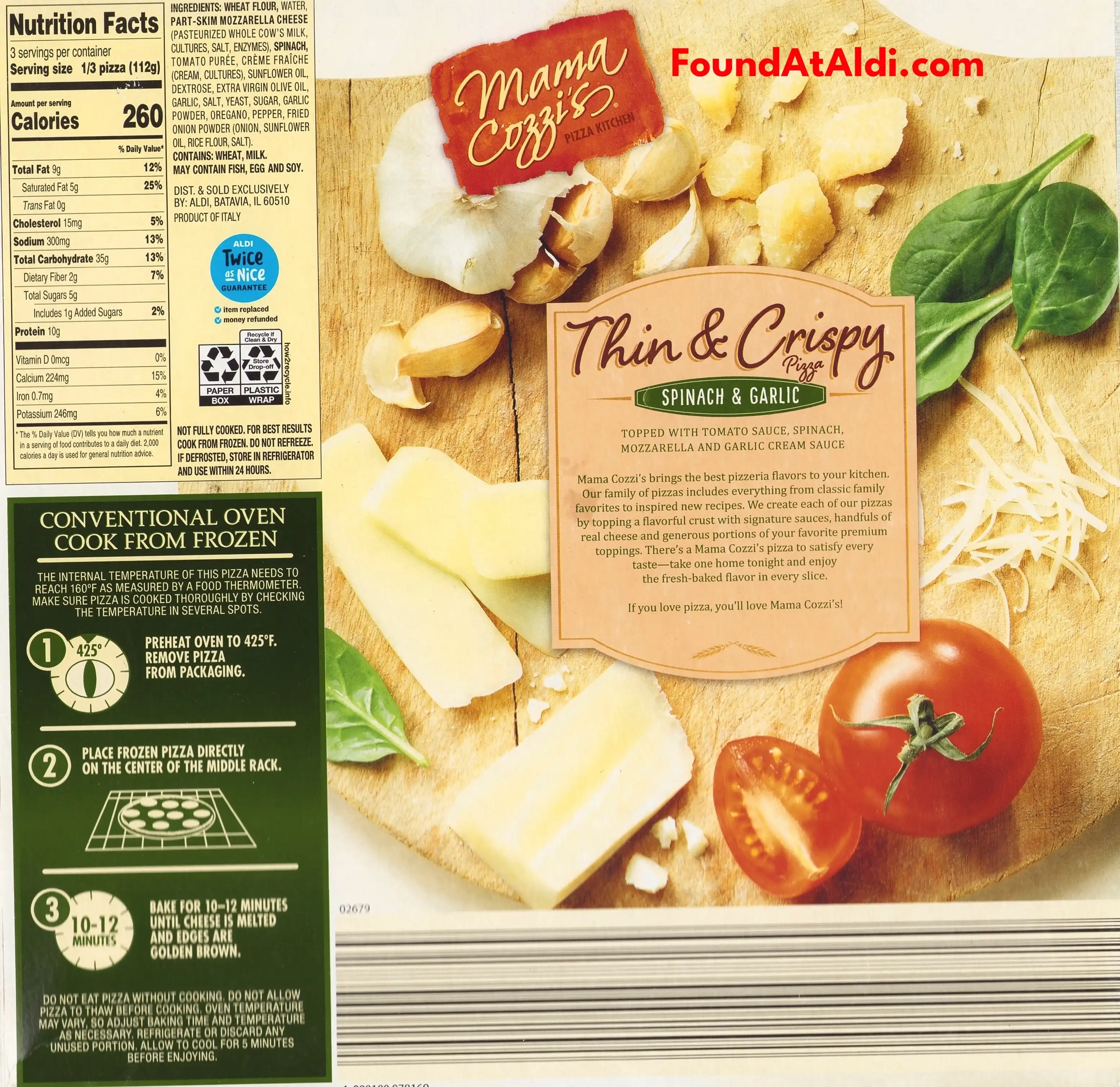 Mama Cozzi's Thin & Crispy Spinach & Garlic Pizza Ingredients Nutrition Facts Cooking Directions