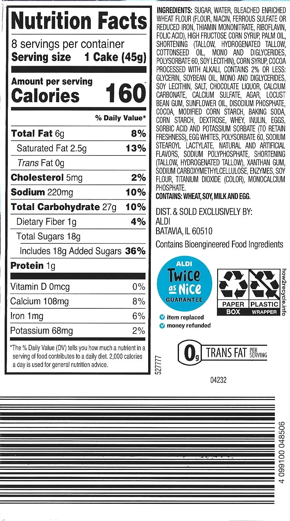 Baker's Treat Chocolate Cup Cakes Nutrition Facts Ingredients