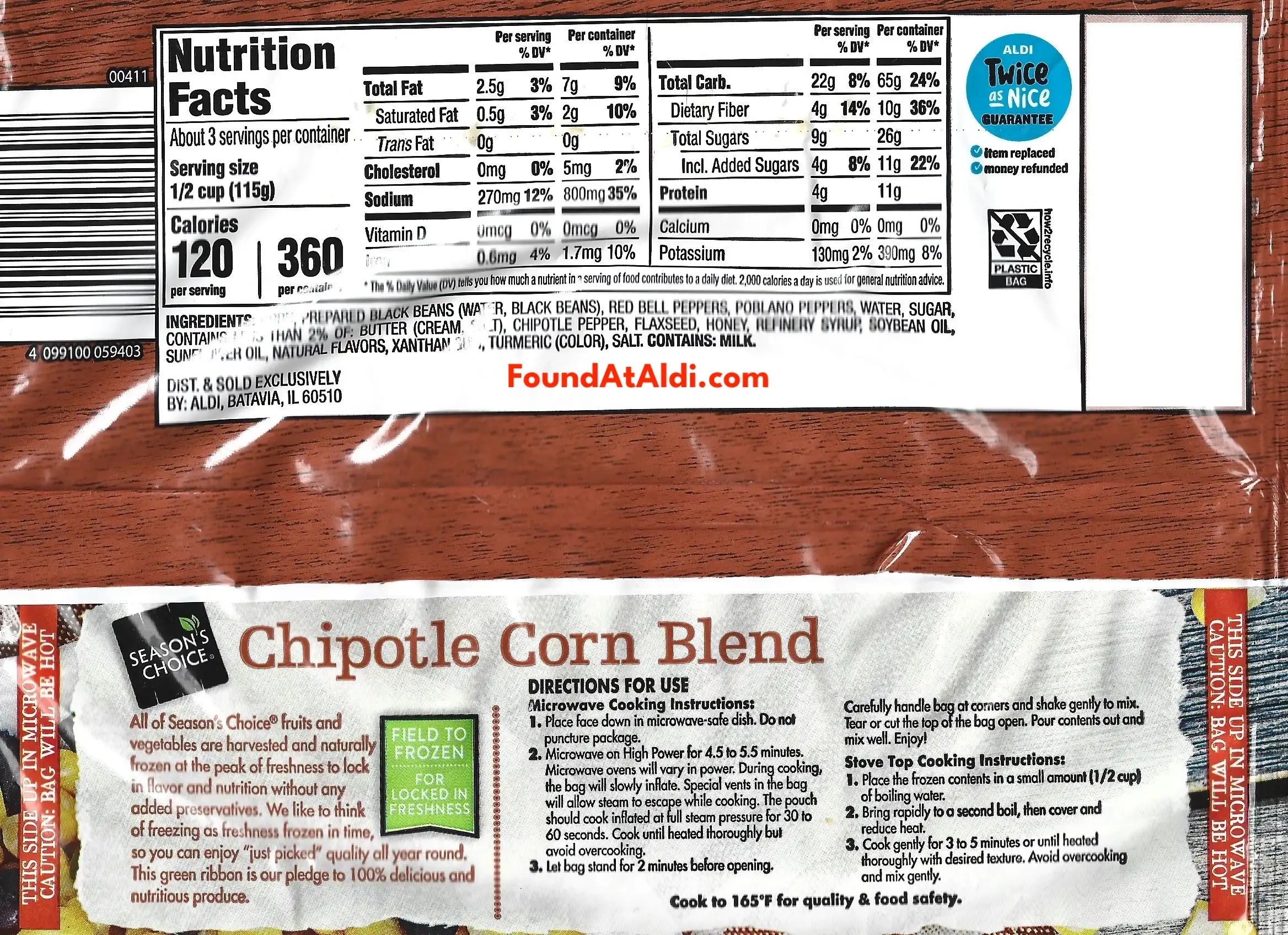 Season's Choice Steamed Chipotle Corn Blend Ingredients Nutrition Facts Cooking Directions