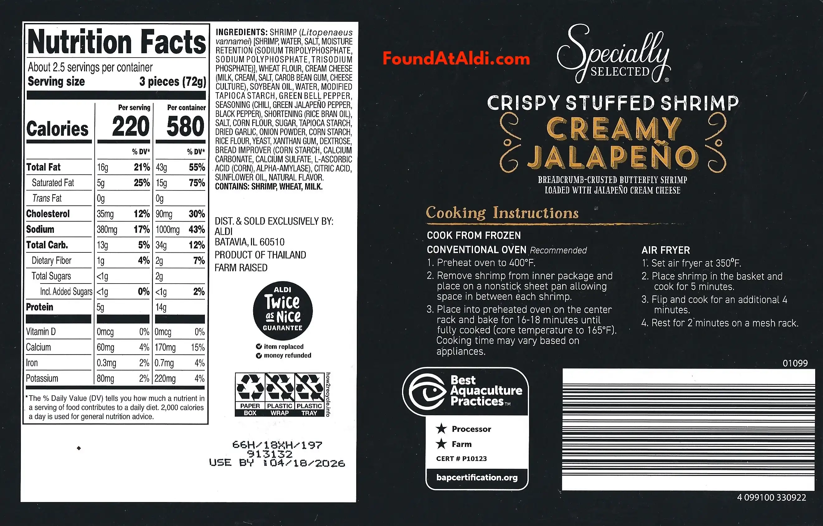 Specially Selected Crispy Stuffed Shrimp Creamy Jalapeno Ingredients Nutrition Facts Cooking Directions