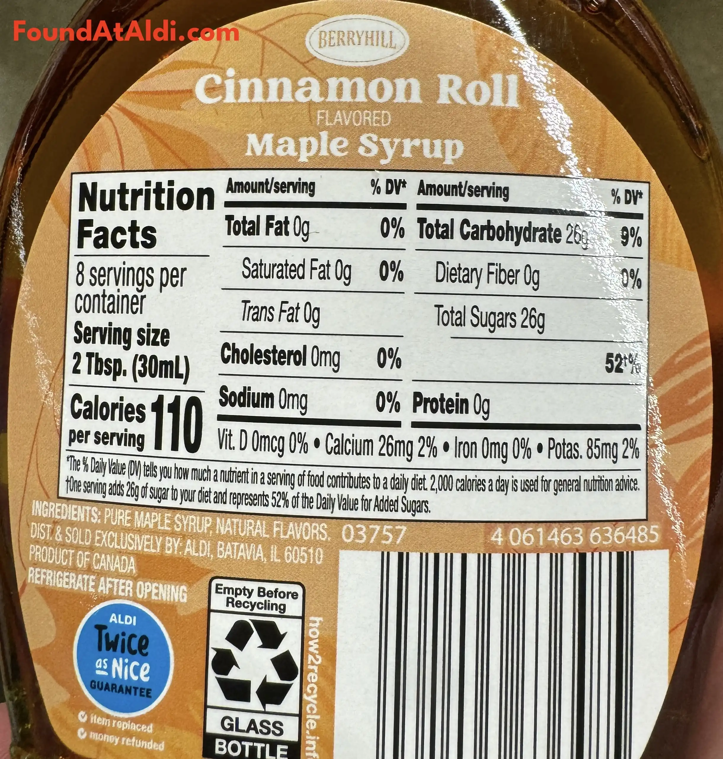 Berryhill Cinnamon Roll Flavored Maple Syrup Ingredients Nutrition Facts