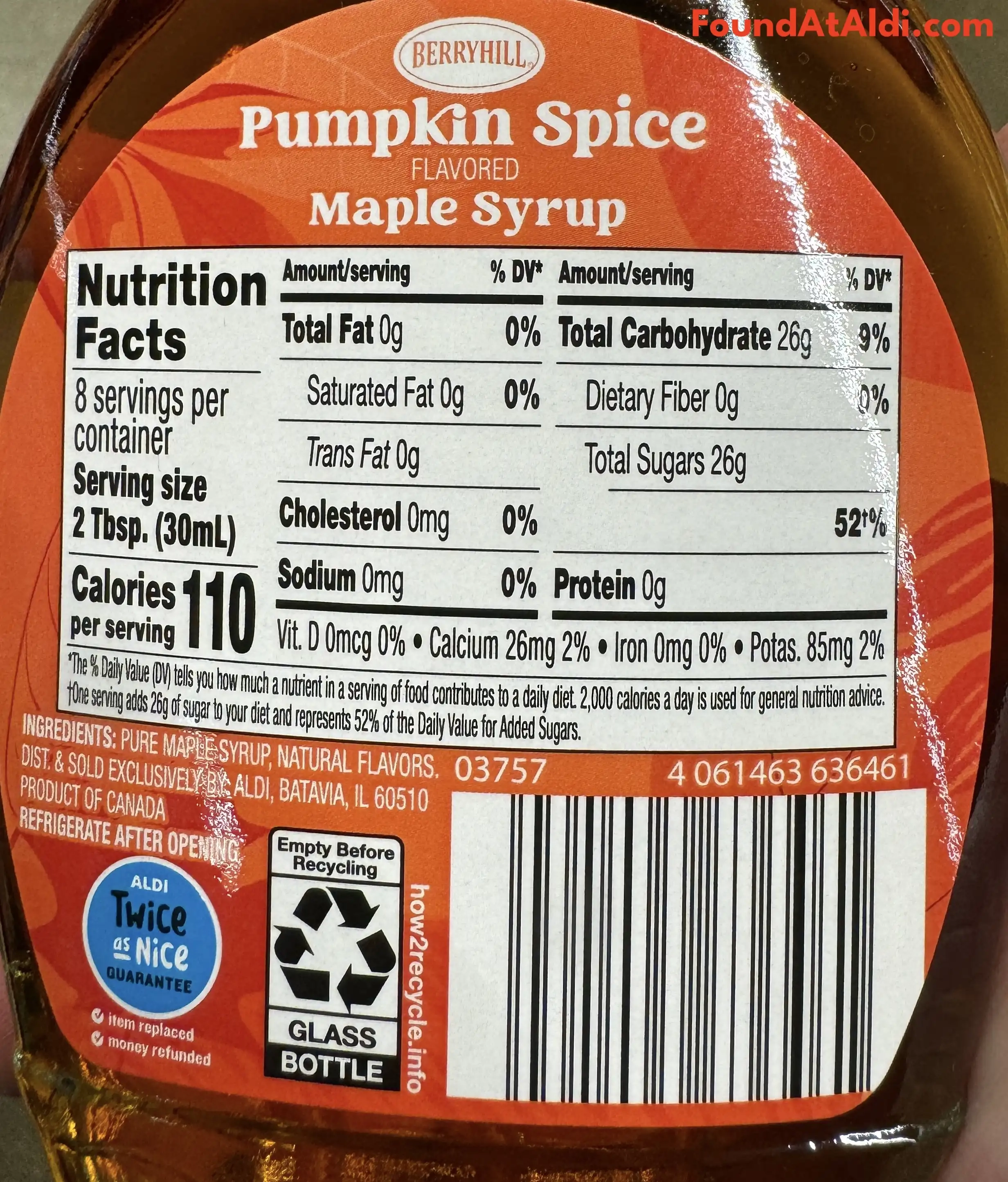 Berryhill Pumpkin Spice Flavored Maple Syrup Ingredients Nutrition Facts