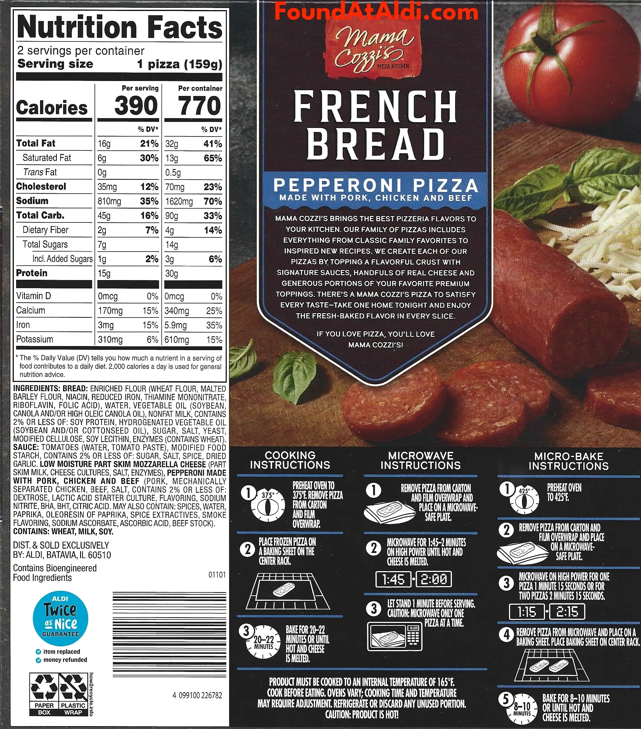 Mama Cozzi's French Bread Pepperoni Pizza Ingredients Nutrition Facts Cooking Directions