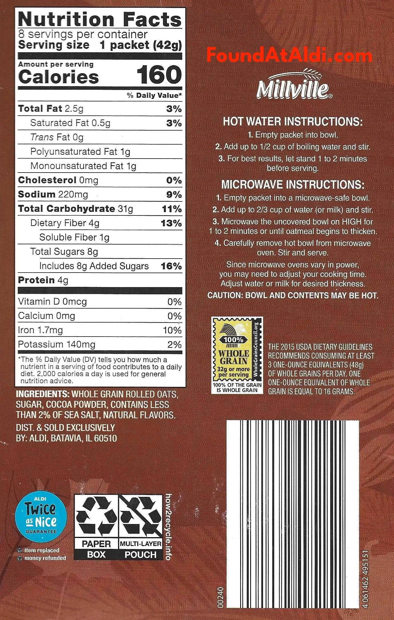 Millville Cocoa Sea Salt Instant Oatmeal Ingredients Nutrition Facts Cooking Directions