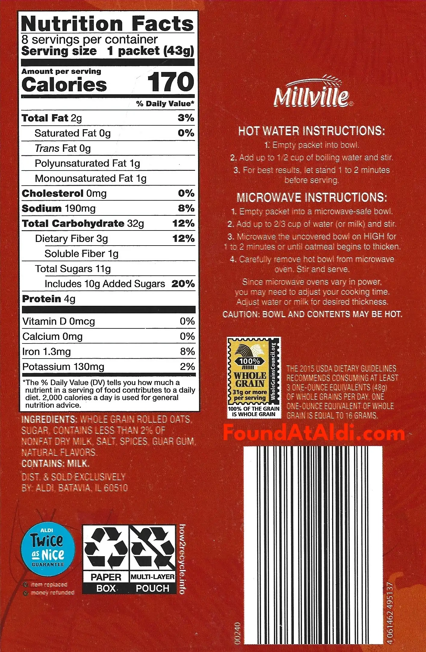 Millville Pumpkin Spice Instant Oatmeal Ingredients Nutrition Facts Cooking Directions