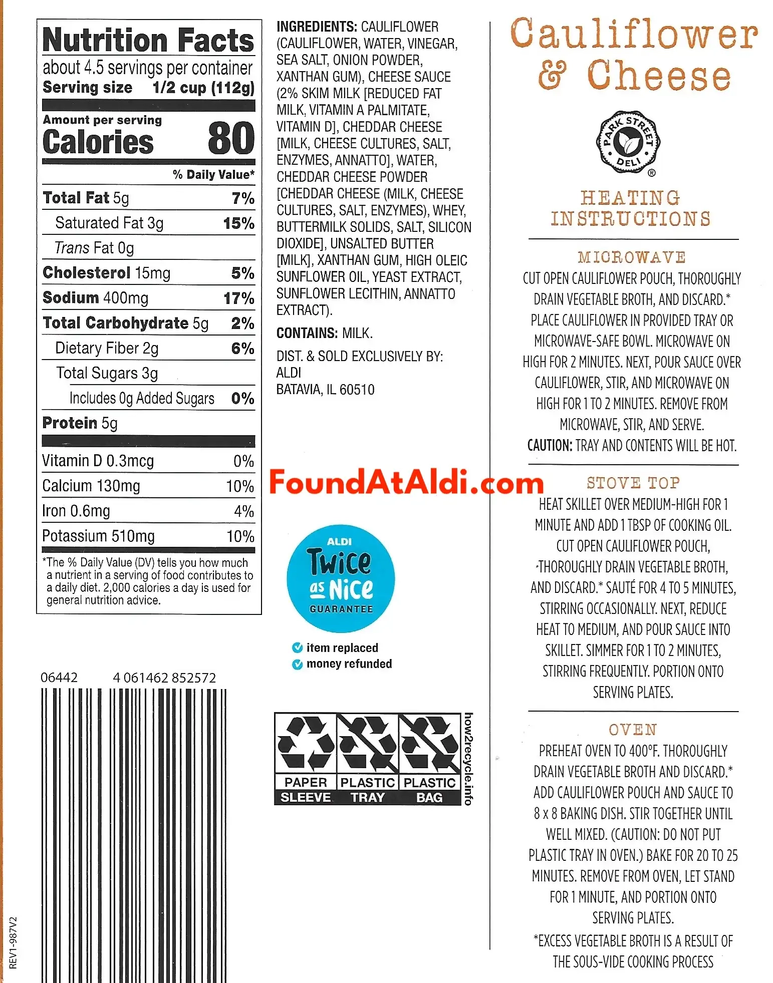 Park Street Deli Cauliflower & Cheese Ingredients Nutrition Facts Cooking Directions