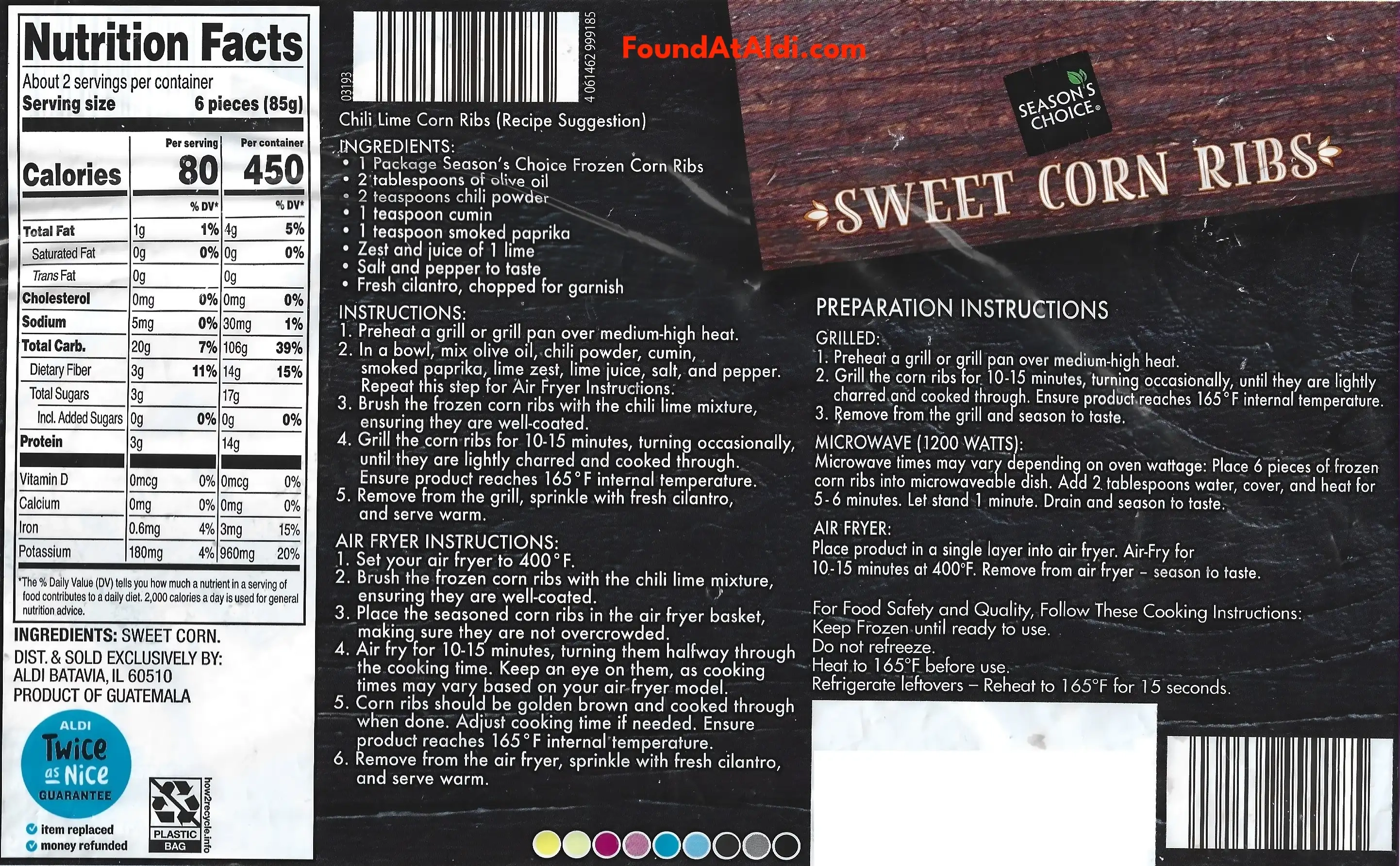 Season's Choice Sweet Corn Ribs Ingredients Nutrition Facts Cooking Directions