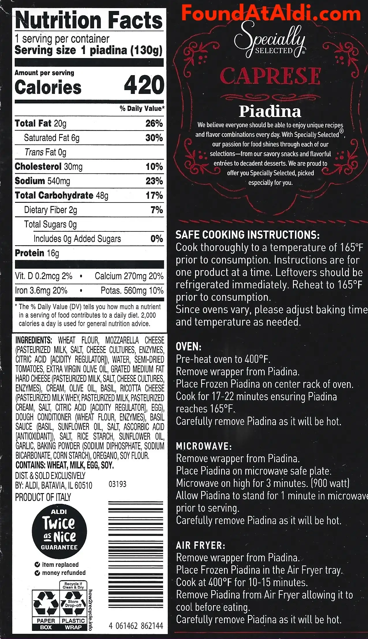 Specially Selected Caprese Piadina Ingredients Nutrition Facts Cooking Directions