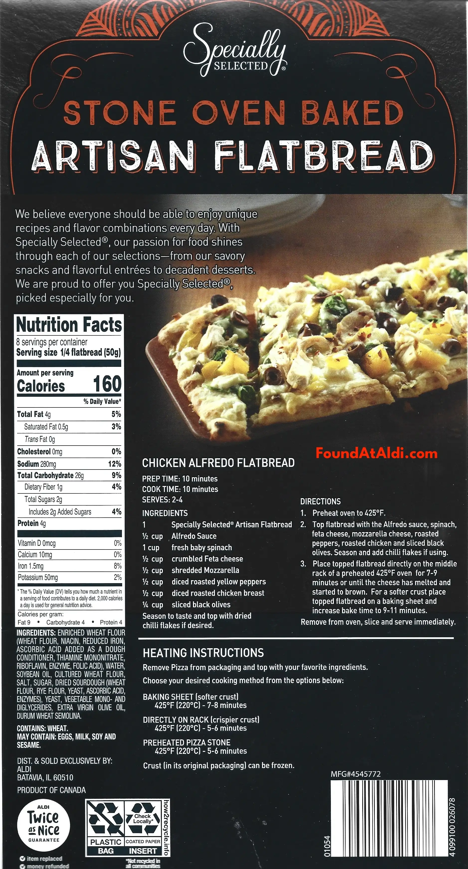 Specially Selected Stone Oven Baked Artisan Flatbread Ingredients Nutrition Facts Cooking Directions