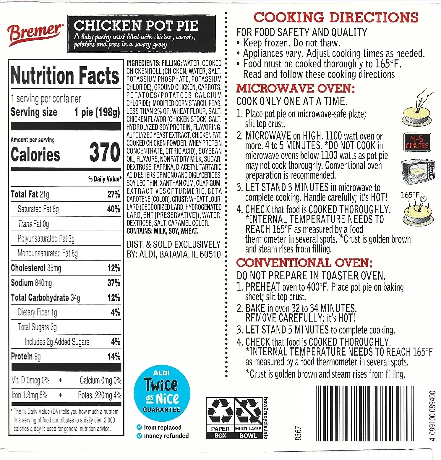 Bremer Chicken Pot Pie Nutrition Facts Ingredients Cooking Directions