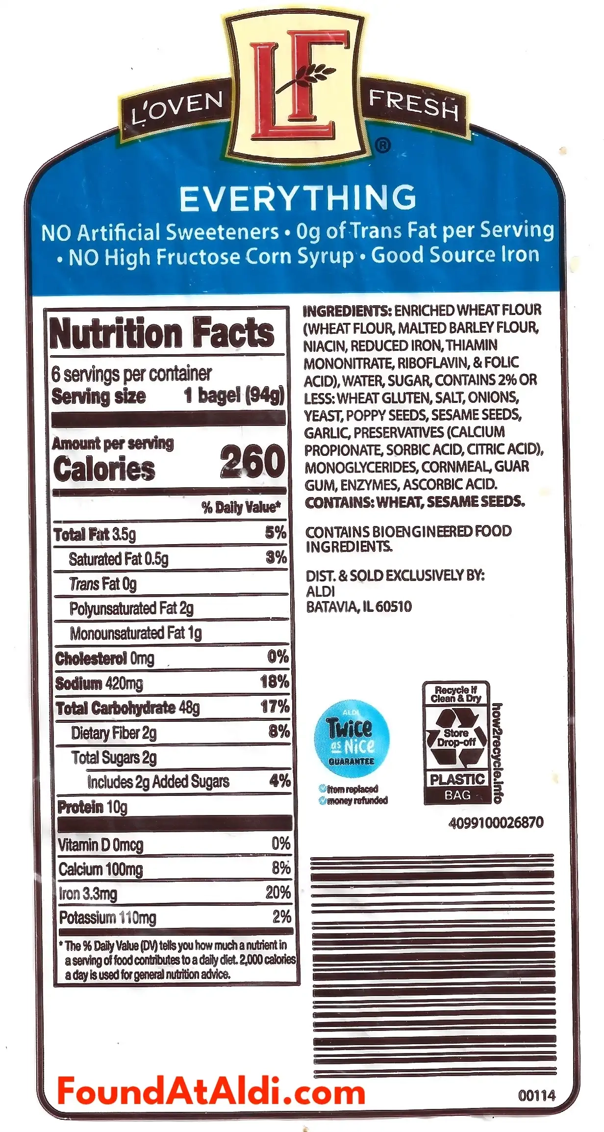 L'oven Fresh Everything Bagels Ingredients Nutrition Facts