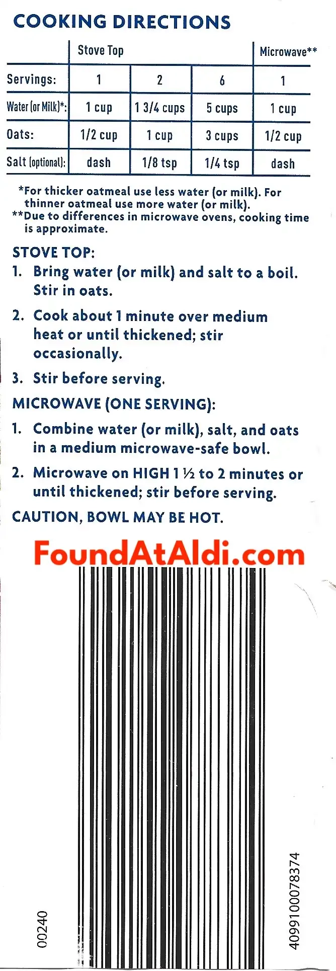 Millvill Rolled Oats Cooking Directions