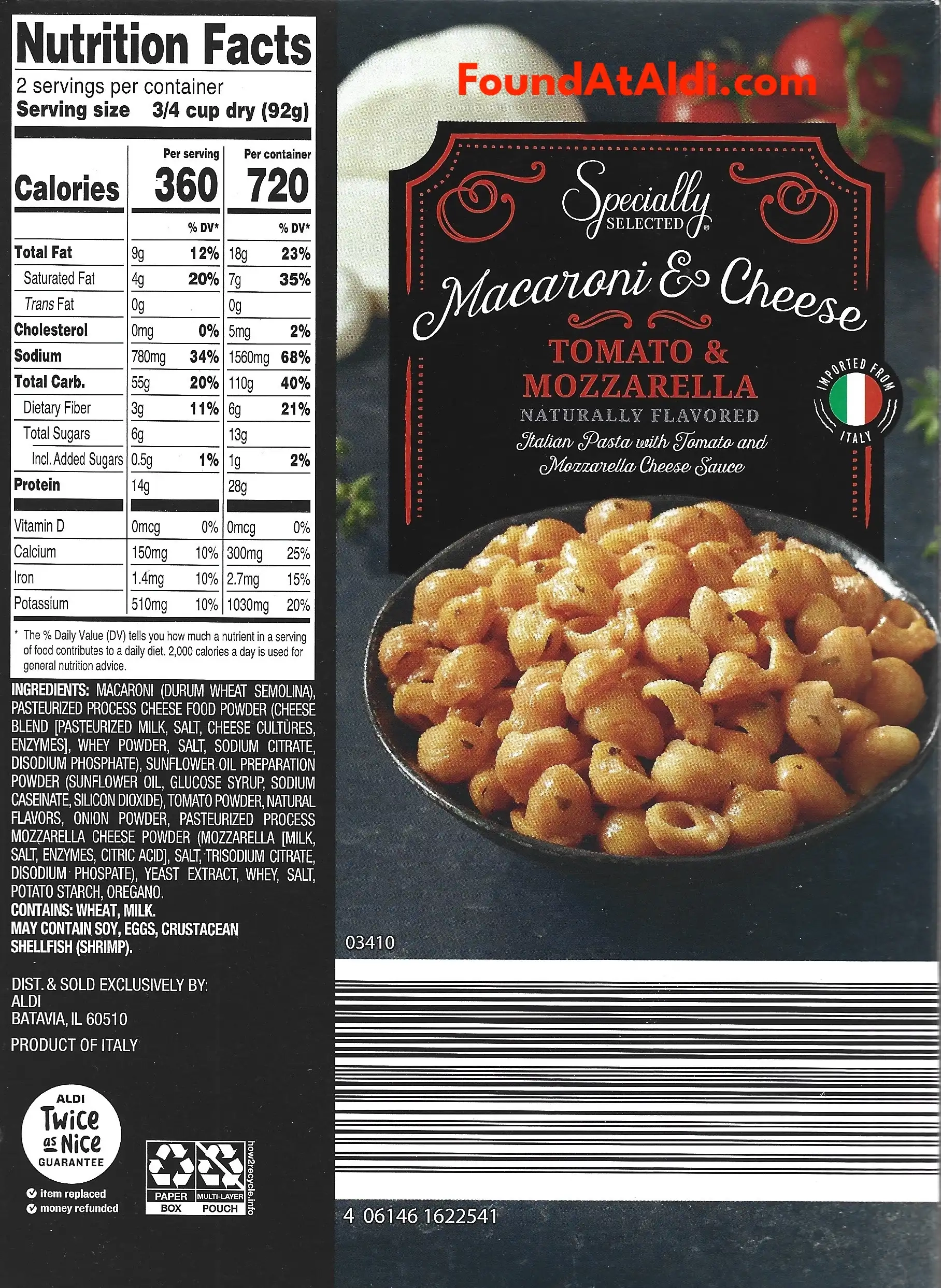 Specially Selected Macaroni & Cheese Tomato & Mozzarella Ingredients Nutrition Facts