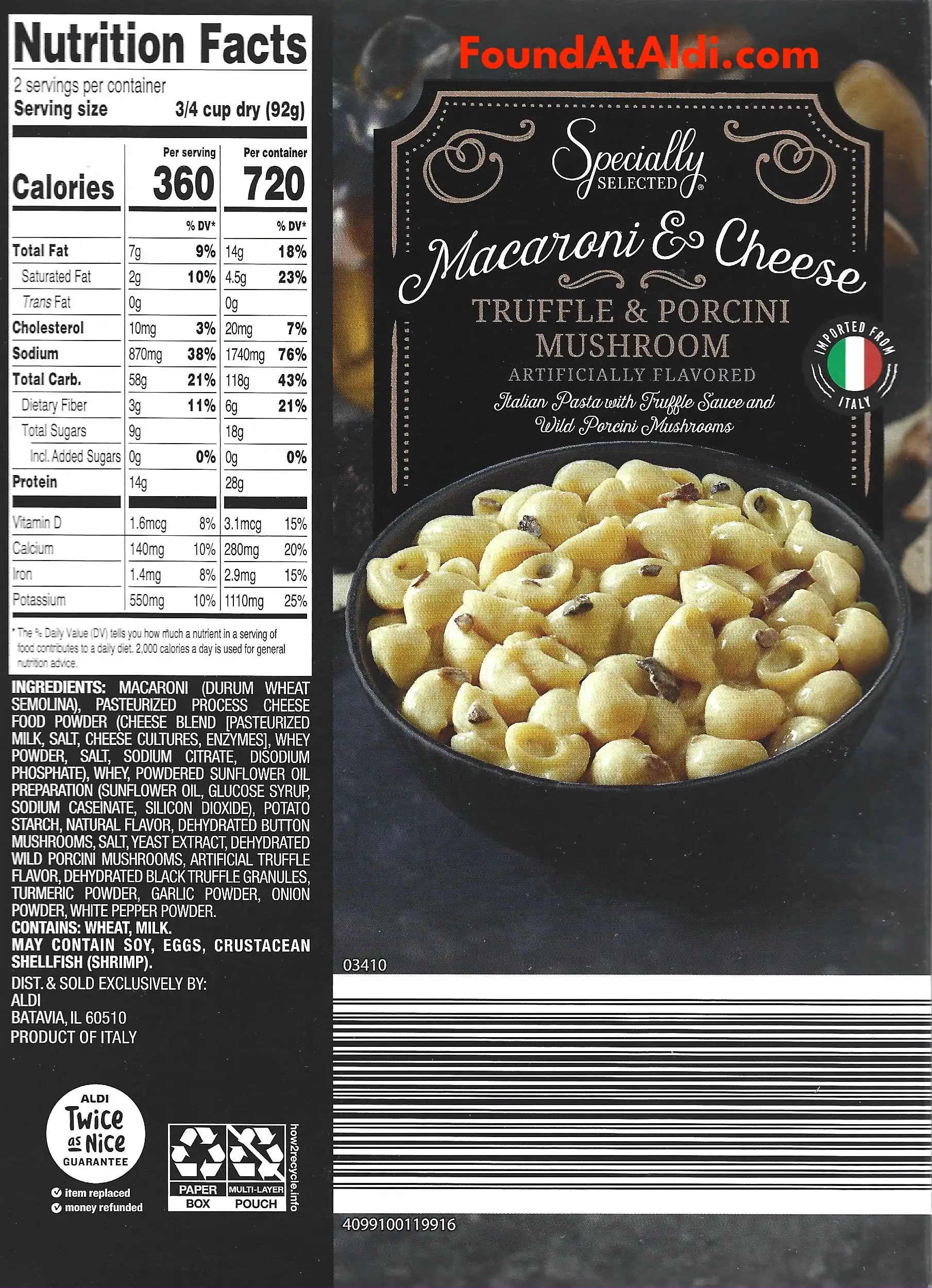 Specially Selected Macaroni & Cheese Truffle & Porcini Mushroom Ingredients Nutrition Facts