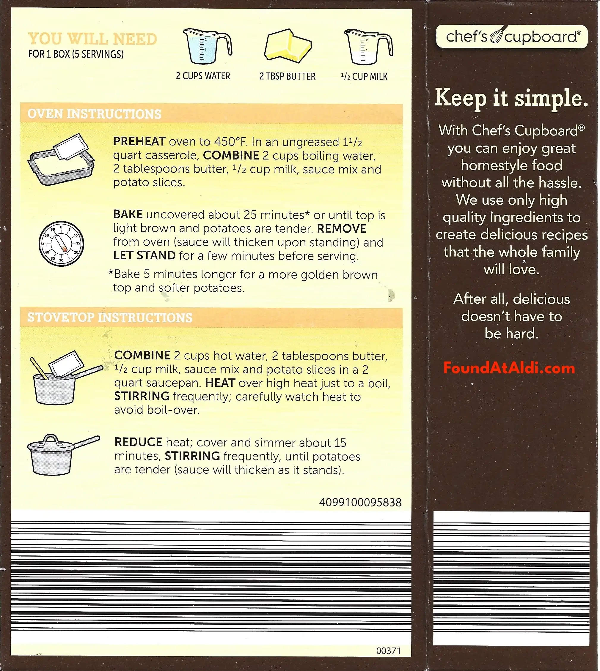 Chef's Cupboard Au Gratin Potatoes Ingredients Nutrition Facts Cooking Directions