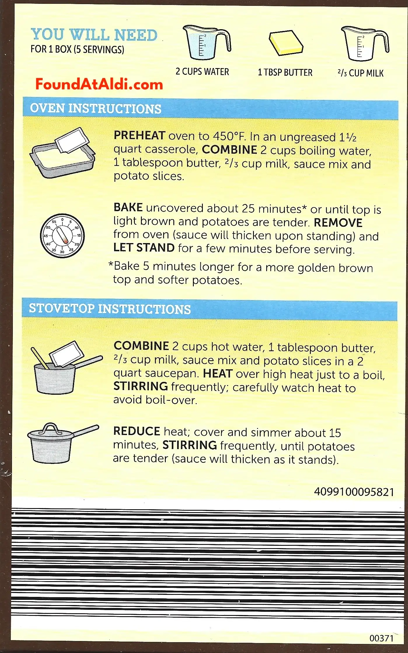 Chef's Cupboard Scalloped Potatoes Cooking Directions