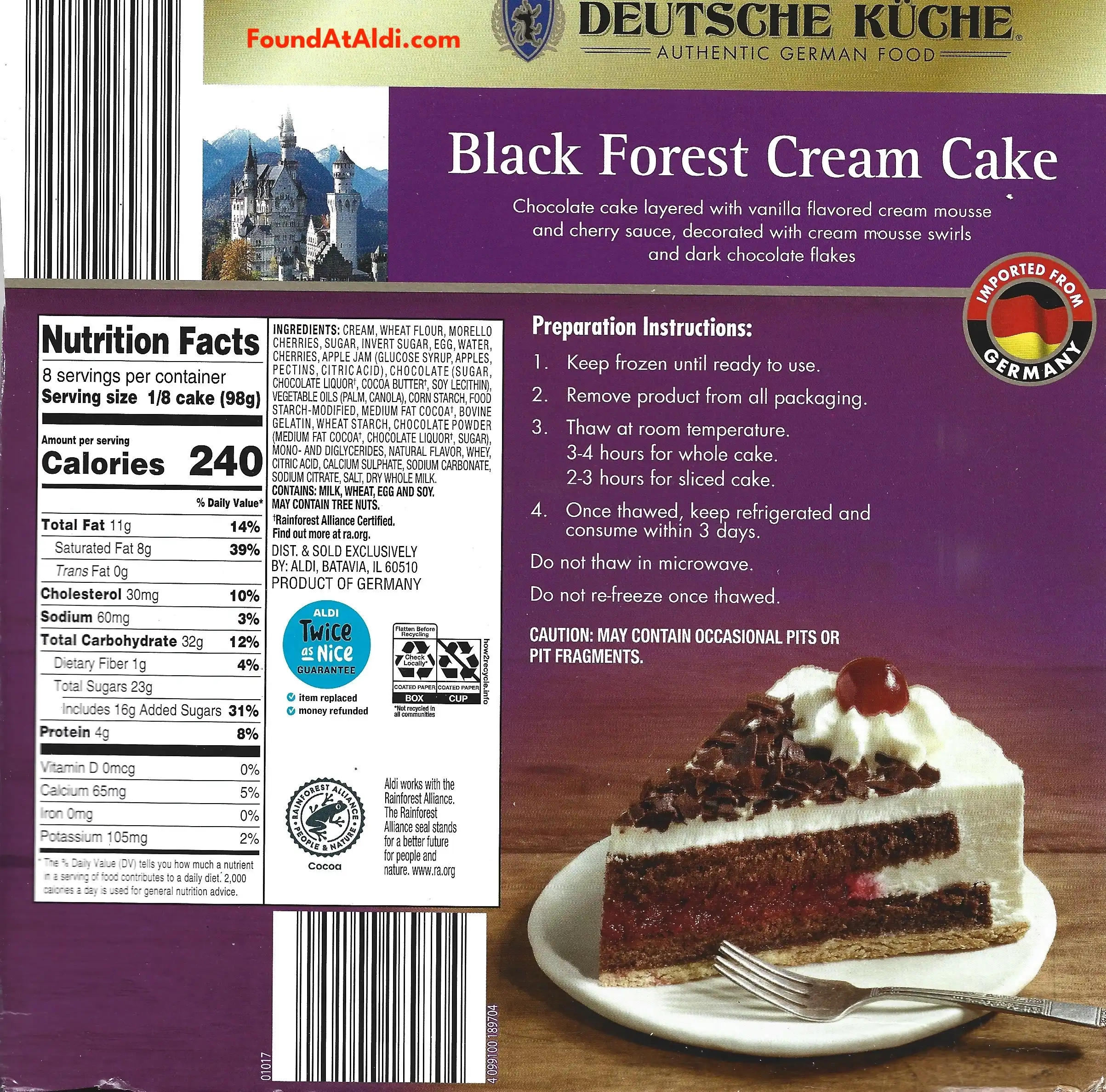 Deutsche Kuche Black Forest Cream Cake Ingredients Nutrition Facts Directions