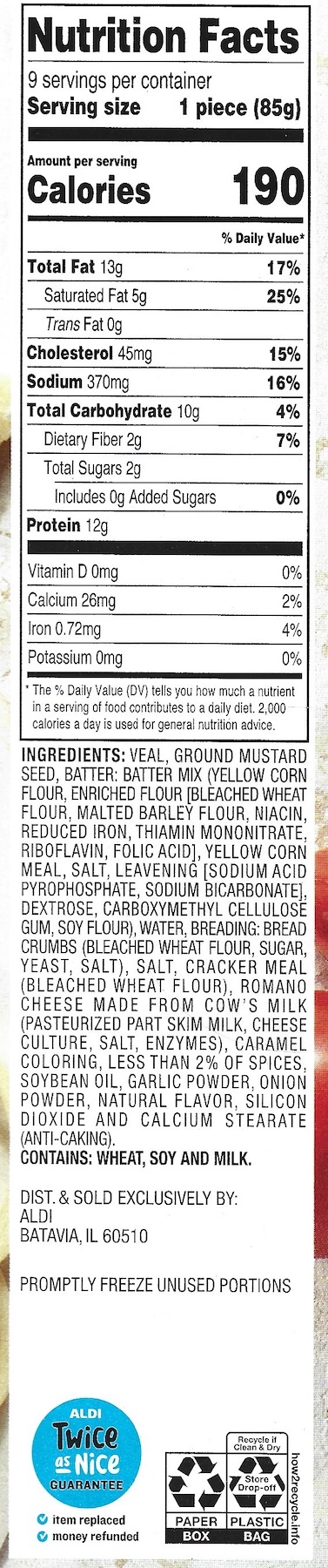 Priano Breaded Veal Patties Nutrition Facts