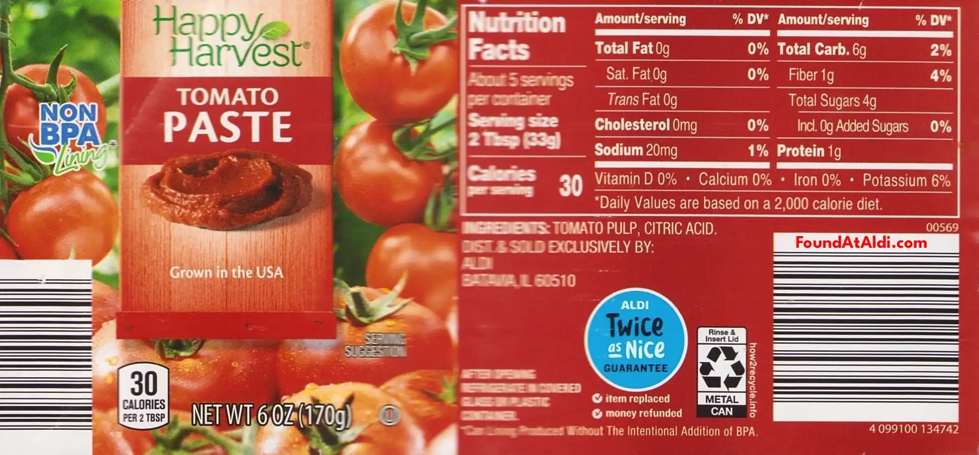 Happy Harvest Tomato Paste Ingredients Nutrition Facts