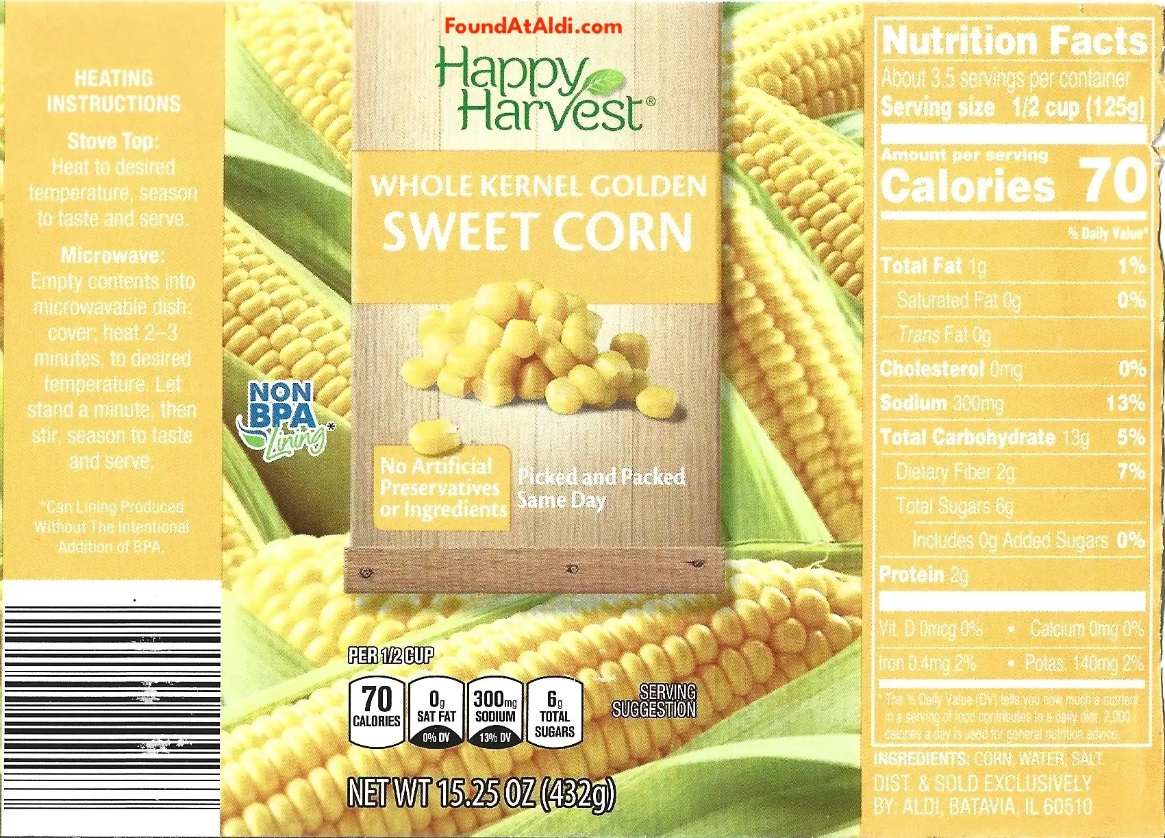 Happy Harvest Sweet Corn Ingredients Nutrition Facts Cooking Directions