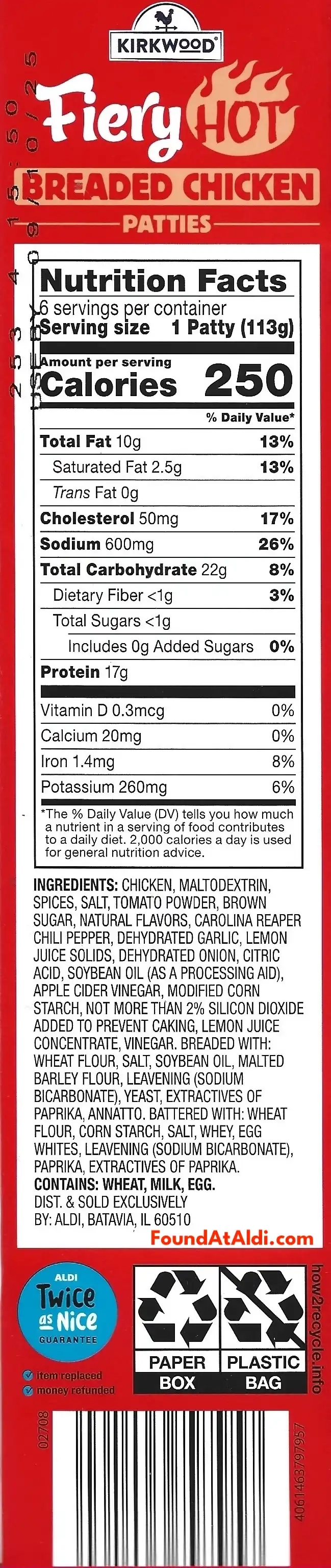 Kirkwood Fiery Hot Breaded Chicken Patties Ingredients Nutrition Facts