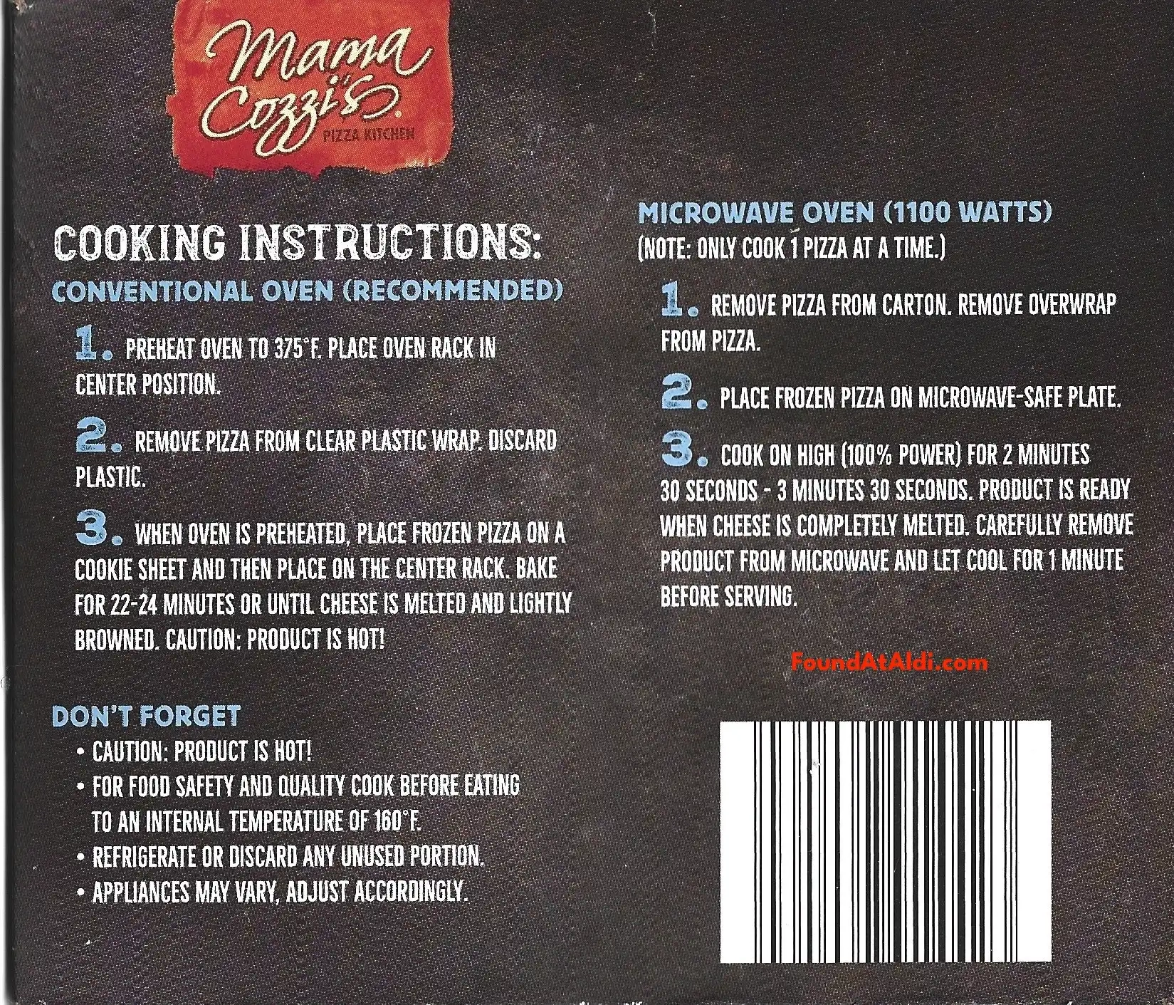 Mama Cozzi's Deep Dish Pizza Singles Pepperoni Cooking Directions