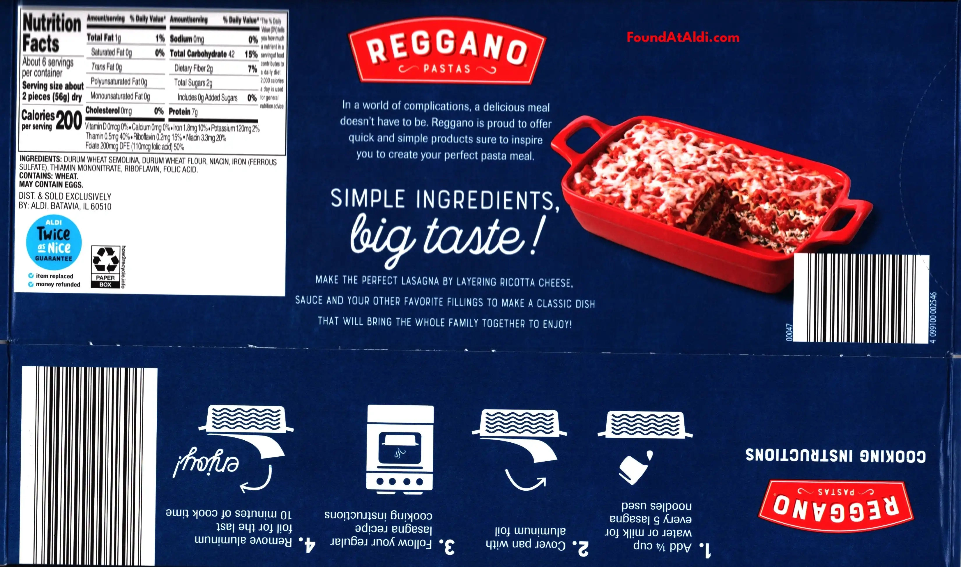 Reggano Oven Ready Lasagna Noodles Ingredients Nutrition Facts Cooking Directions